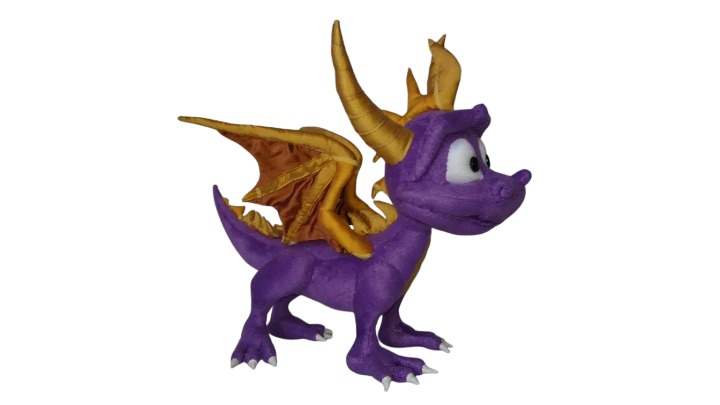 Handmade Spyro plush seen from the side, purple dragon with gold horns, wings and white claws