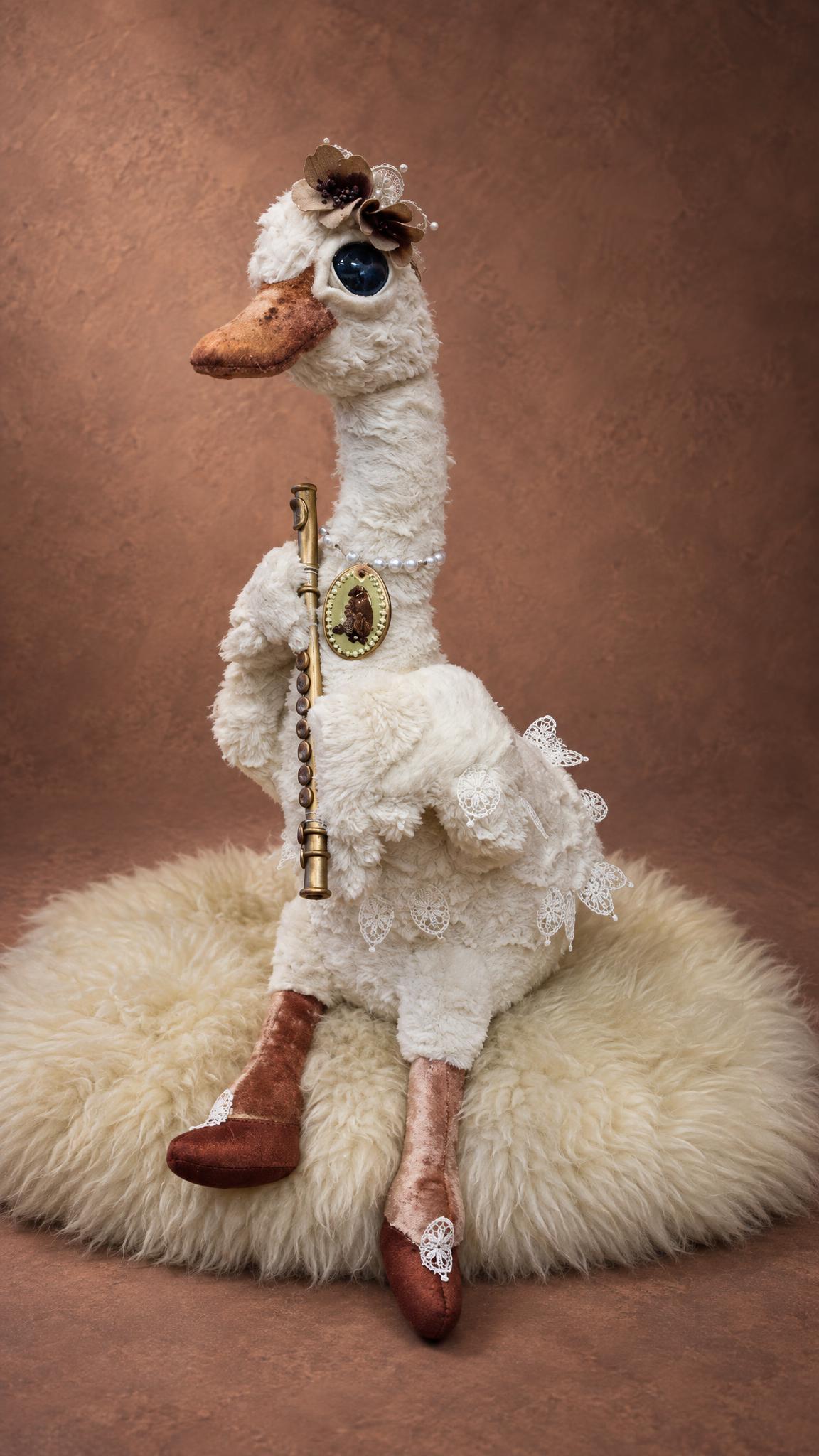 Handmade goose plush made to order from a sketch, with lace skirt, brown shoes and a flute, a custom gift for her