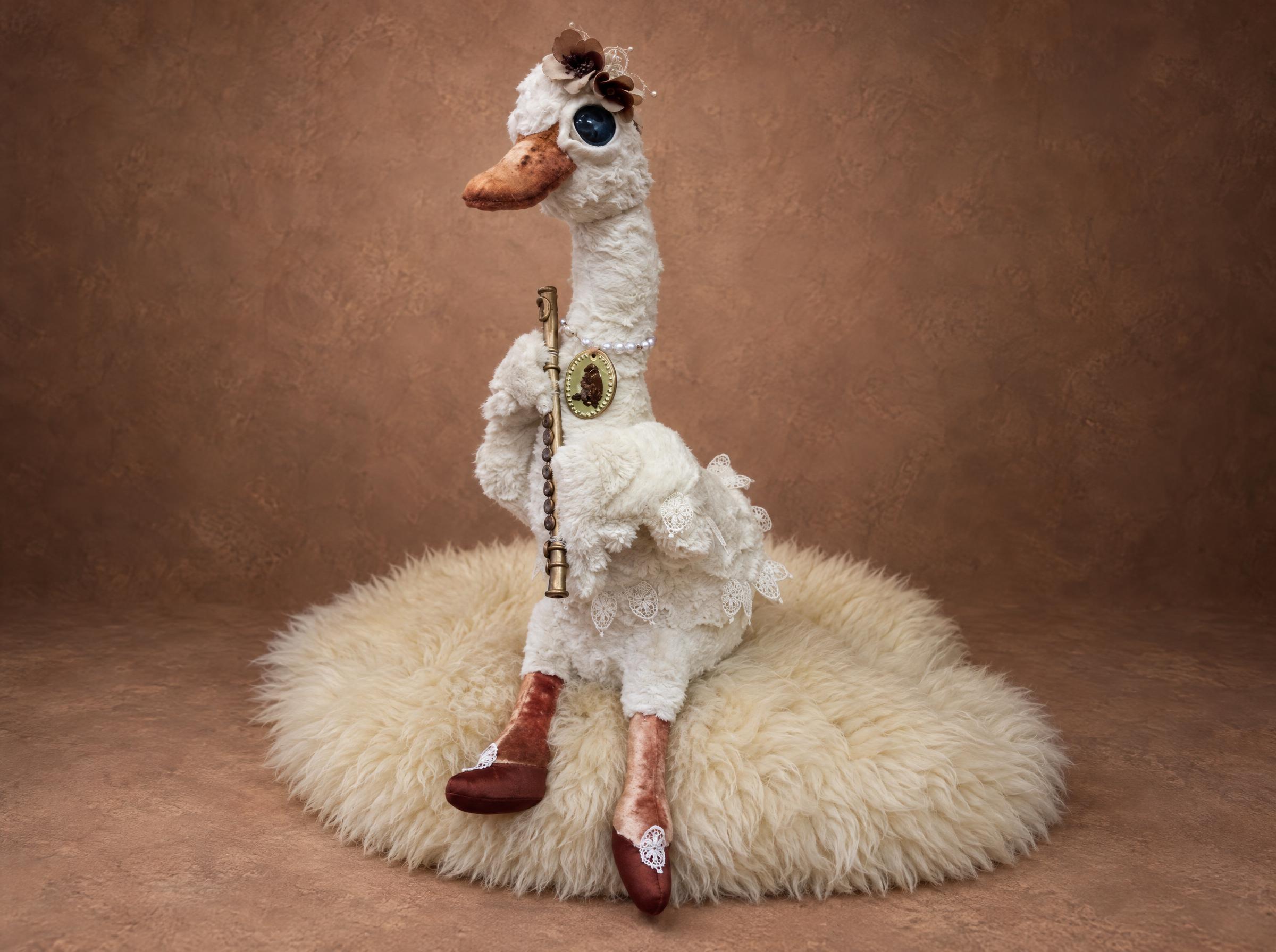 Custom goose plush sewn to order from a sketch, white curly fur, pearl necklace with a cameo and a golden flute