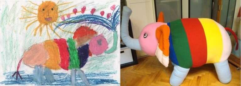 Child's crayon drawing of a striped elephant and the rainbow elephant plush we sewed from it, made to order