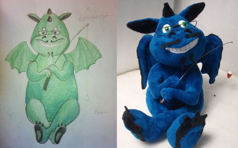 Green dragon pencil drawing and the blue dragon plush with glasses and a fishing rod, handmade to order