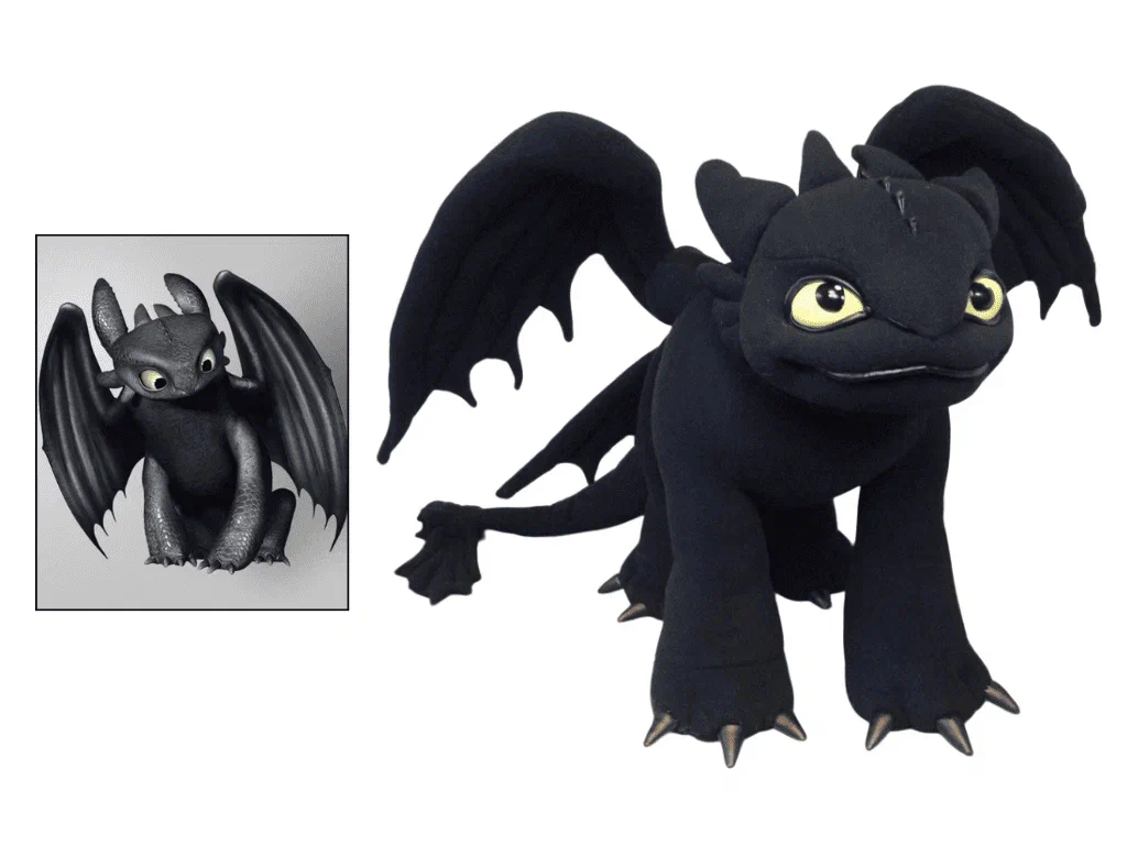 Toothless reference picture and the finished plush Reference picture of Toothless next to our handmade Night Fury plush sewn from it, made to order