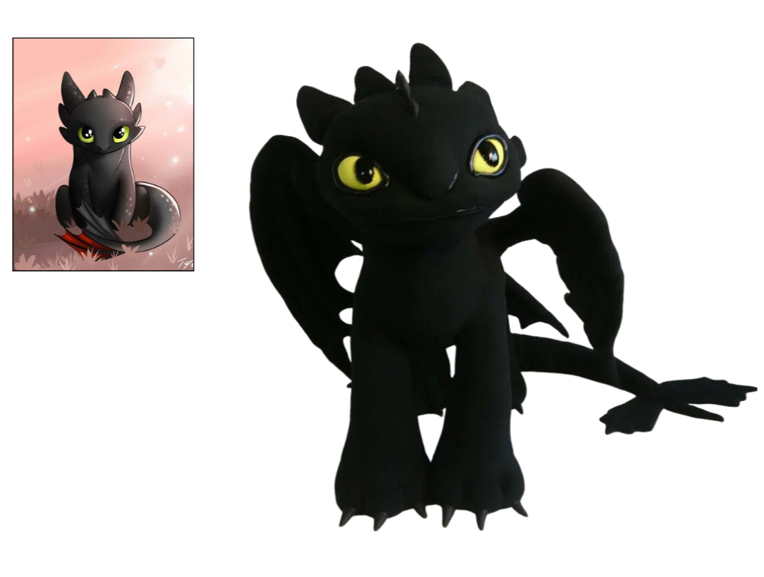 Toothless fan art reference beside the finished handmade Toothless plush, Night Fury toy made to order