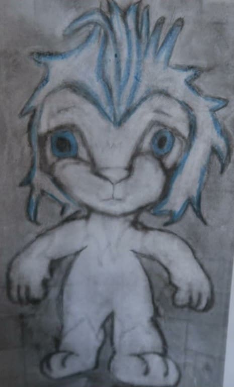Pencil sketch of the lion character with a spiky blue-lined mane, the reference for the custom lion plush