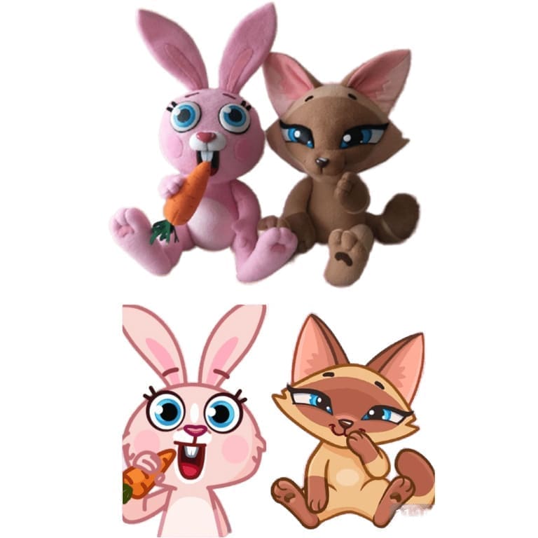 Bunny and fox plush with the reference stickers Bunny and fox plush above the two chat stickers the customer sent, handmade to order as a pair