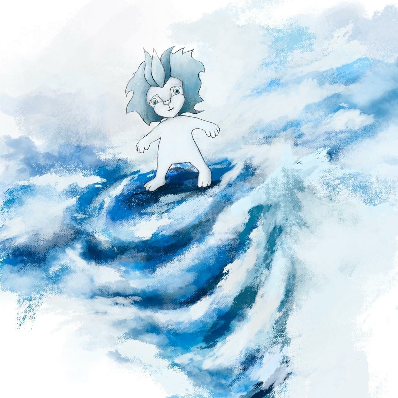 Book illustration of the white lion cub on blue clouds, reference art for the custom book character plush