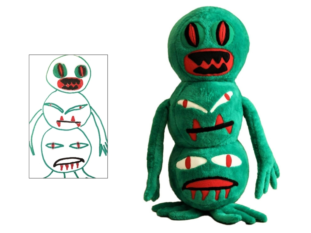 Green snowman monster plush next to the customer drawing Customer's marker drawing of a three-faced green snowman next to the finished monster plush we sewed from it