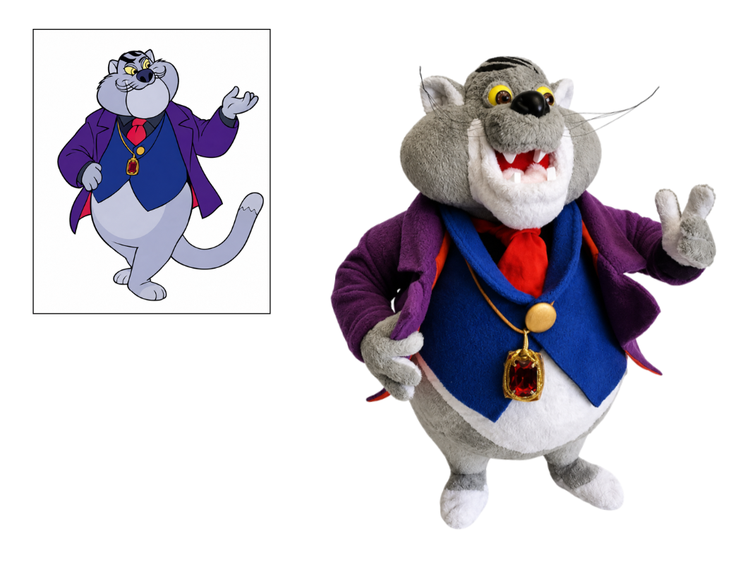 Fat Cat Rescue Rangers plush next to the cartoon reference picture it was made from