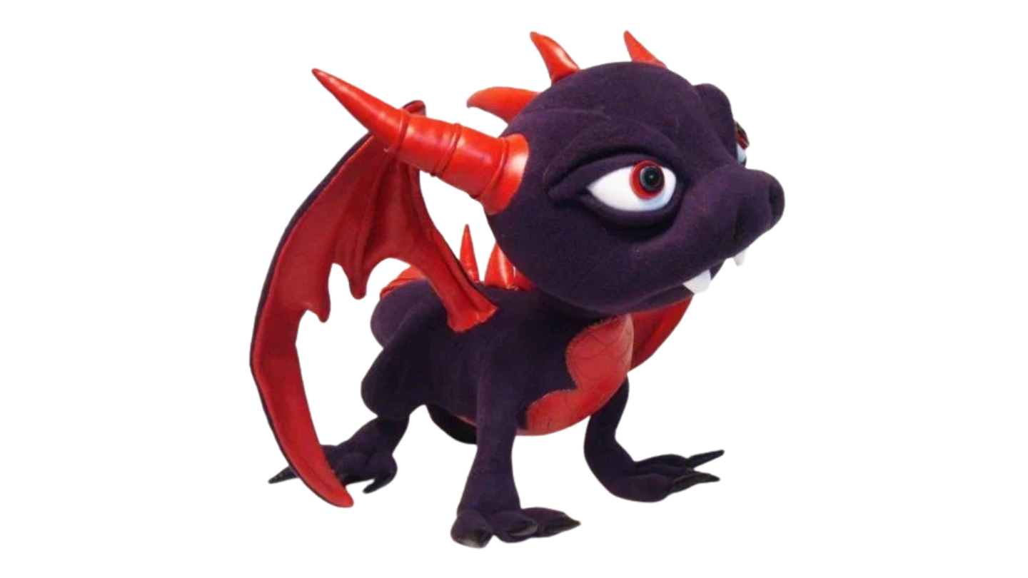 Baby Cynder plush, three-quarter view Baby Cynder dragon plush standing on four legs, dark purple with red horns and red wings