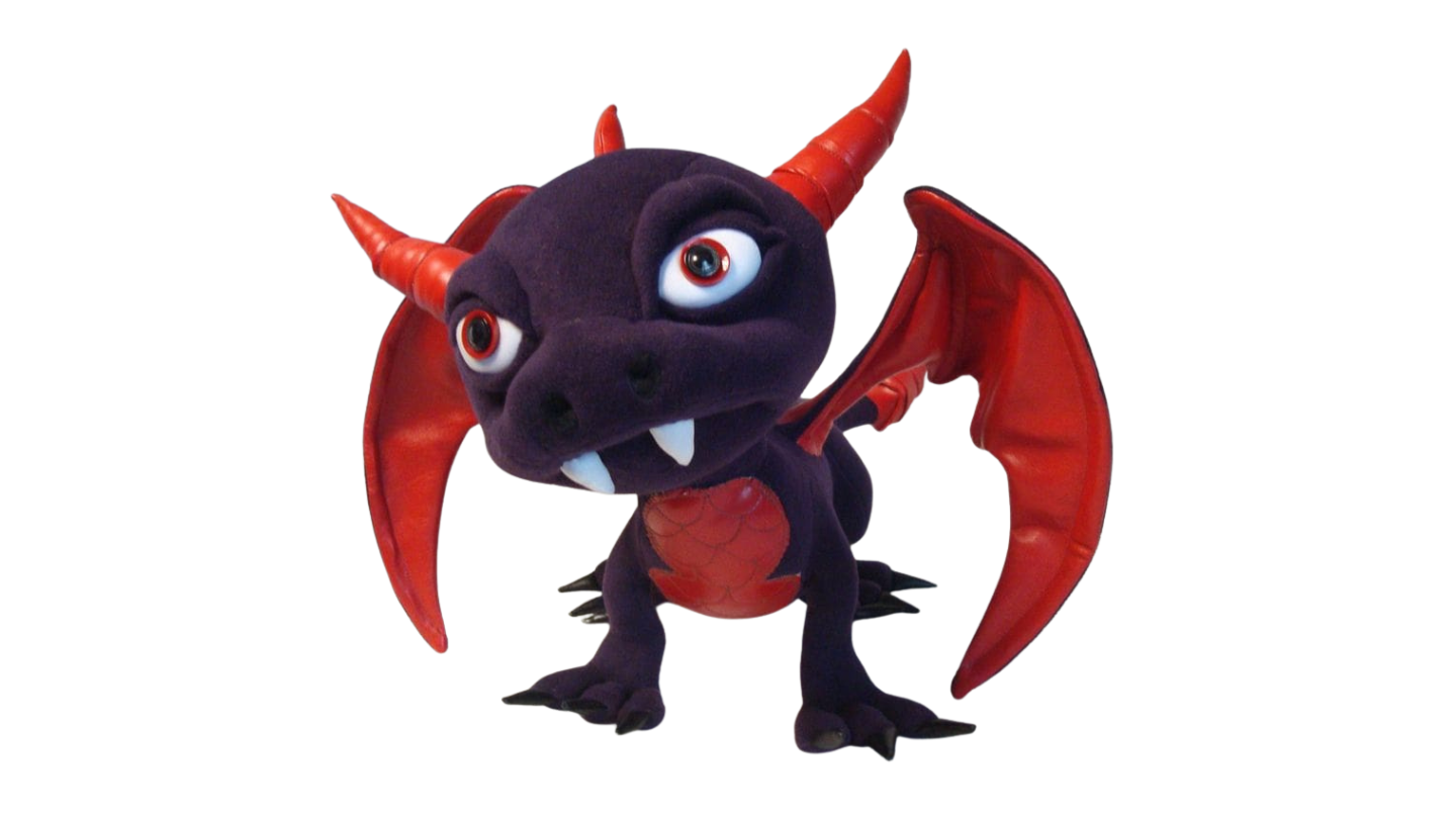 Handmade baby Cynder plush from the front, wings spread, red horns and big red-and-white eyes