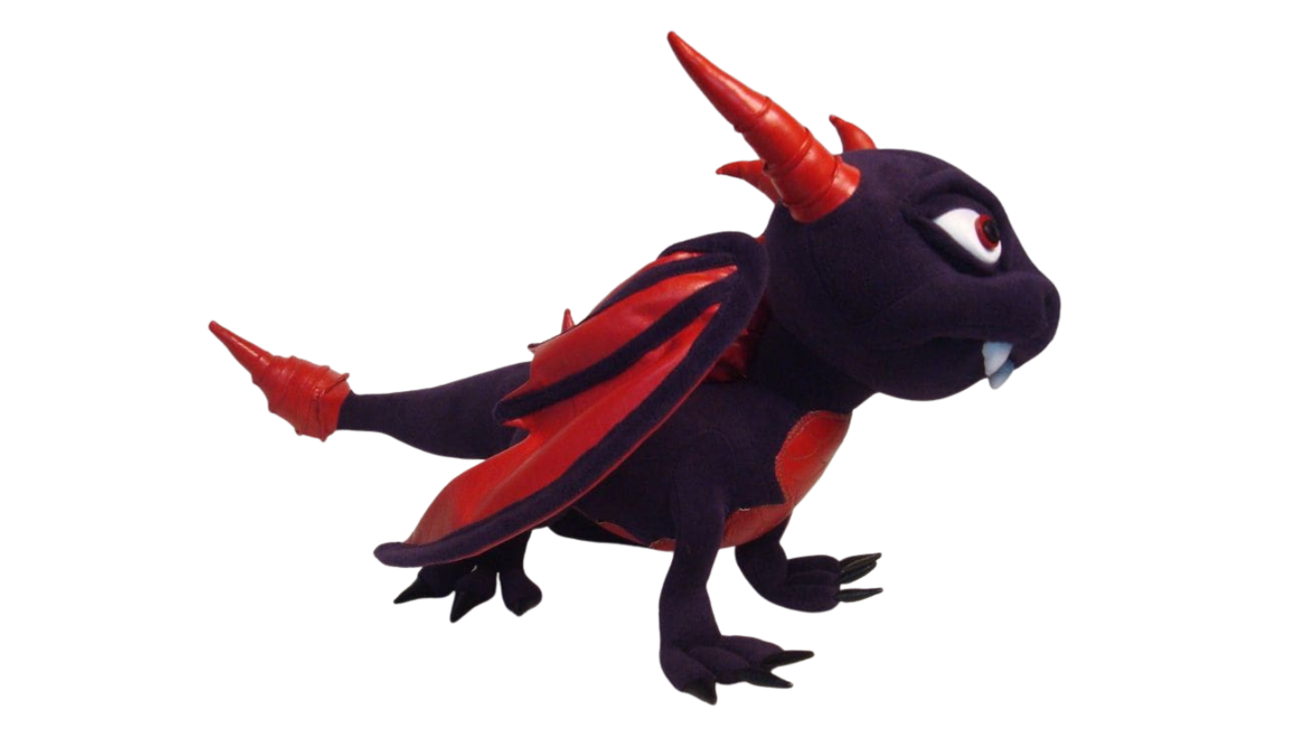Baby Cynder plush, back view with tail tip Cynder plush from behind, red-lined wings and a long tail ending in a red spike