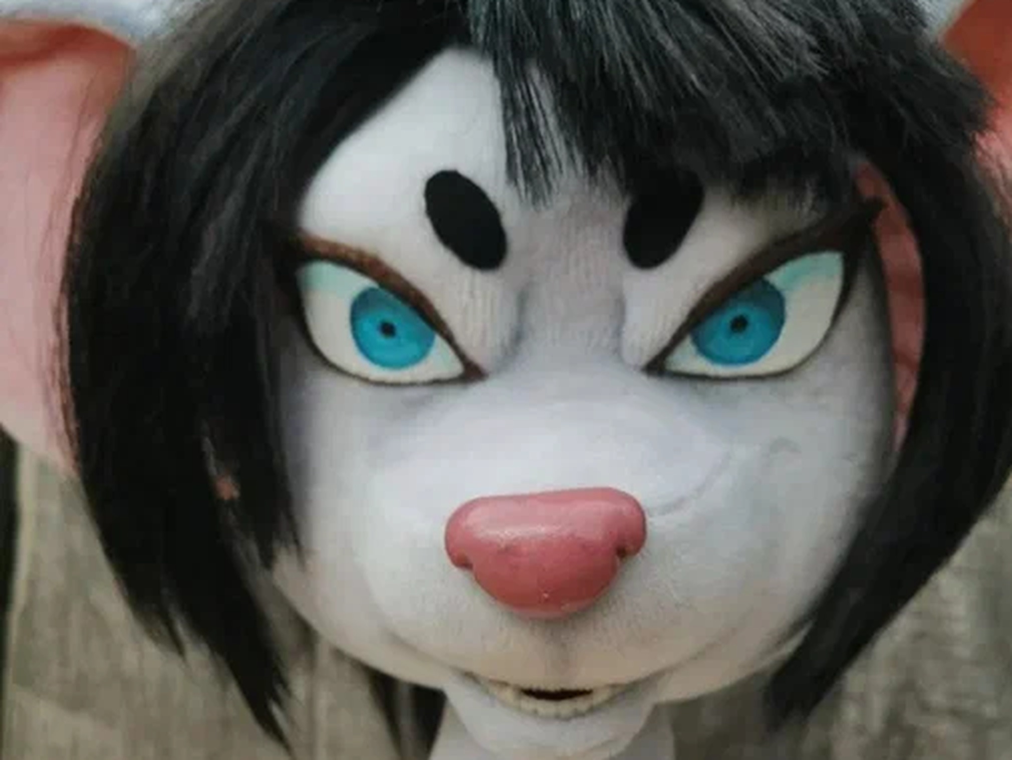 Akane Yamakawa Plush Face Akane Yamakawa rat plush face with bright blue eyes, black hair and a pink nose, a custom handmade plush
