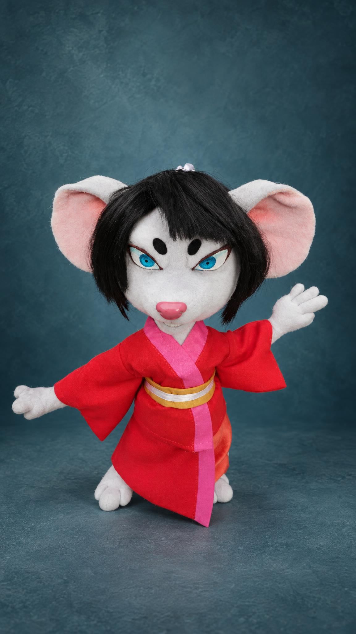 Custom Akane Yamakawa rat plush from Curse of the Sea Rats, handmade to order in a red kimono with blue eyes