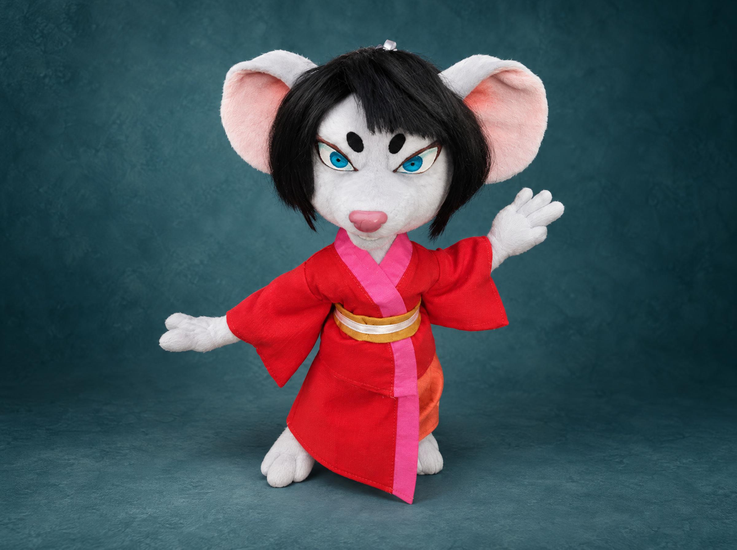 Custom Akane Yamakawa rat plush from Curse of the Sea Rats, handmade to order in a red kimono with blue eyes