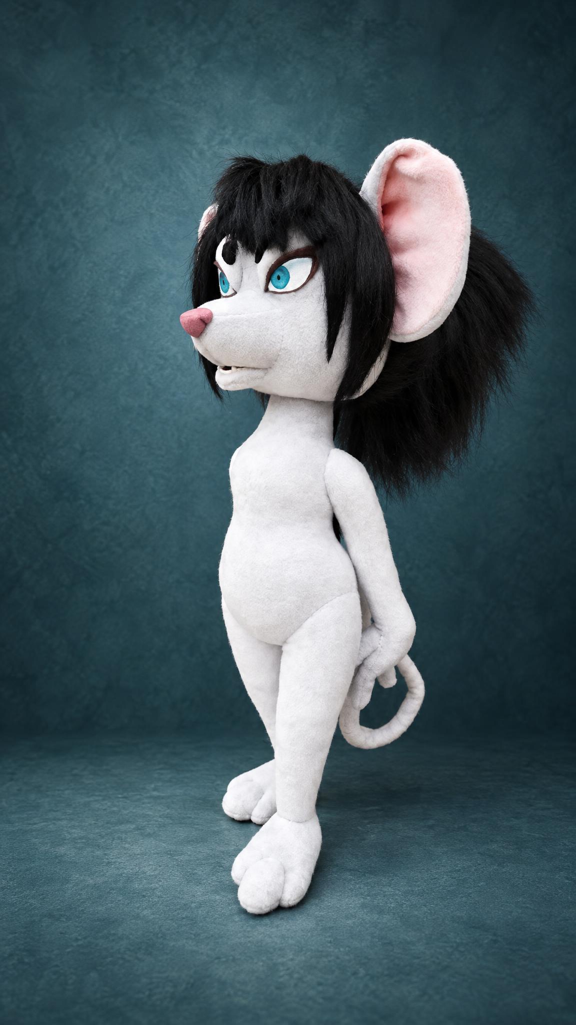 Custom Akane Yamakawa rat plush without clothes, with a sculpted grey body and black hair, made to order