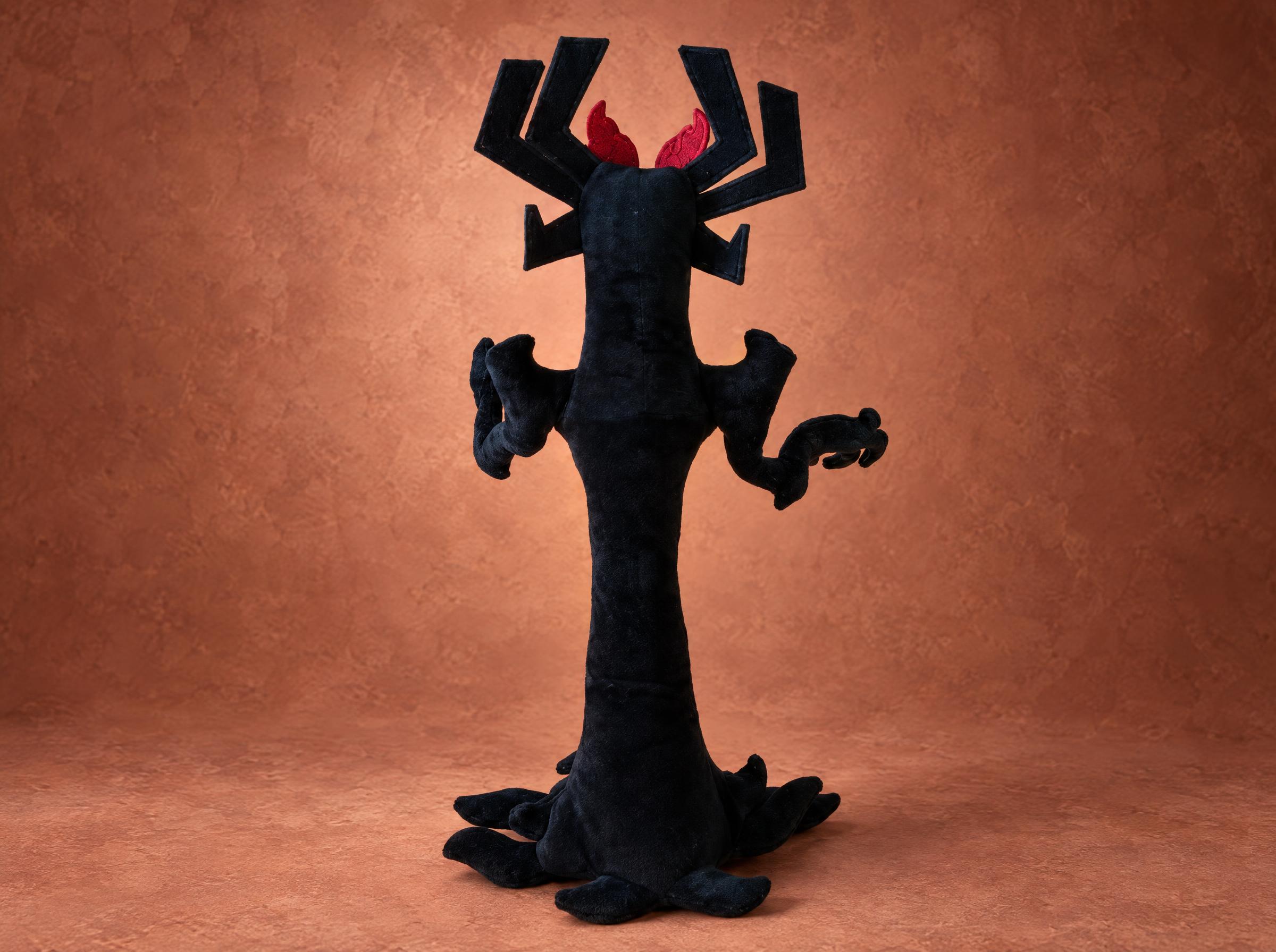 Aku plush from behind, branching horns Aku plush from behind, black branching horns and a tree-like body, a custom Samurai Jack toy made to order