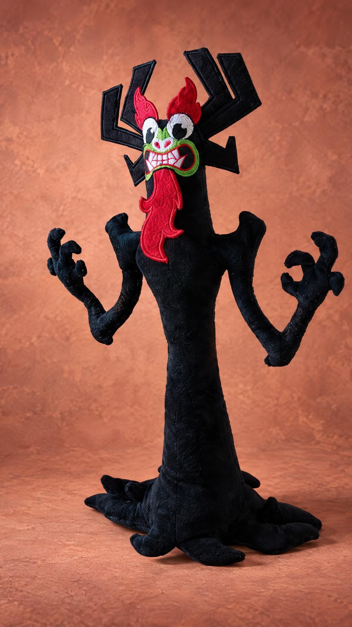 Aku plush with claws raised and green eyes glaring, a Samurai Jack shape-shifting villain sewn to order