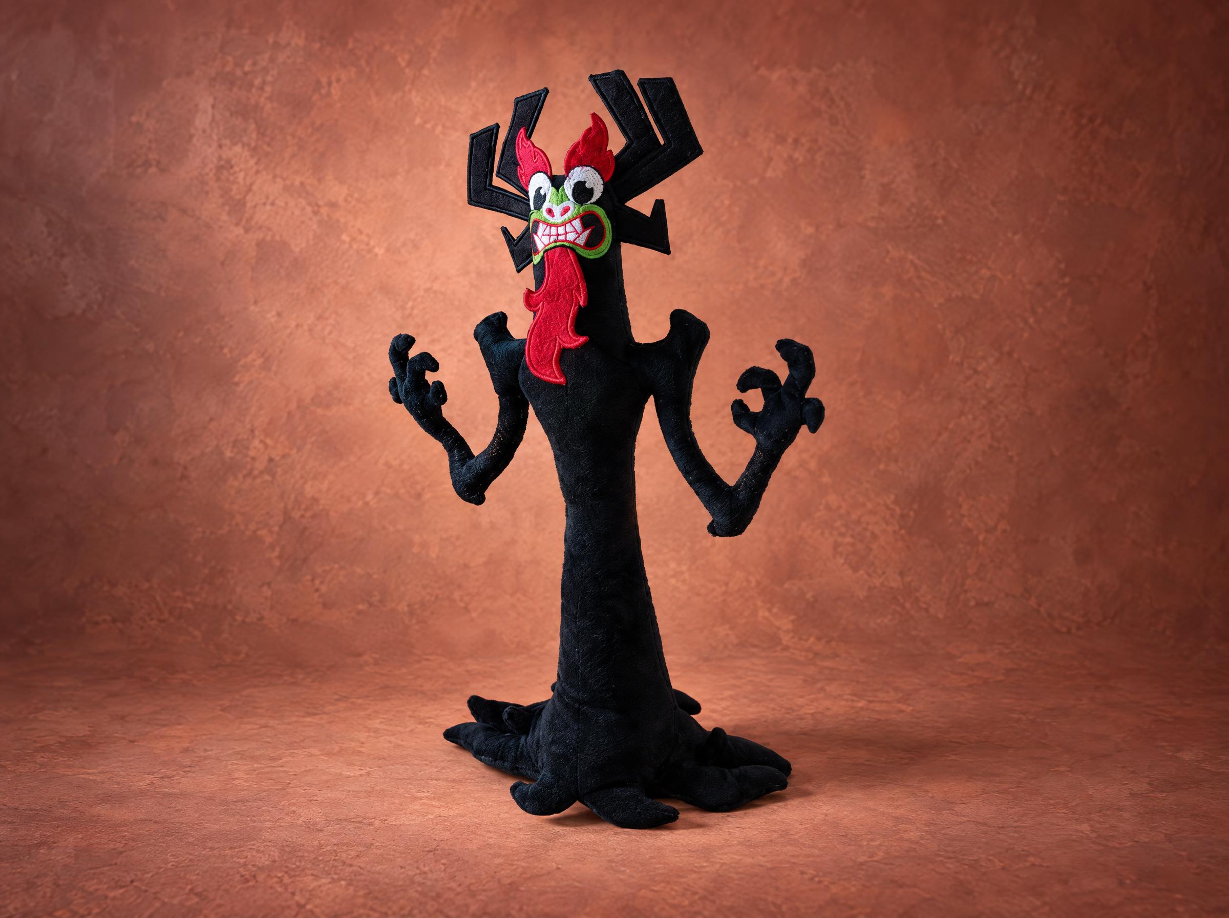 Aku plush, claws raised Aku plush with claws raised and green eyes glaring, a Samurai Jack shape-shifting villain sewn to order