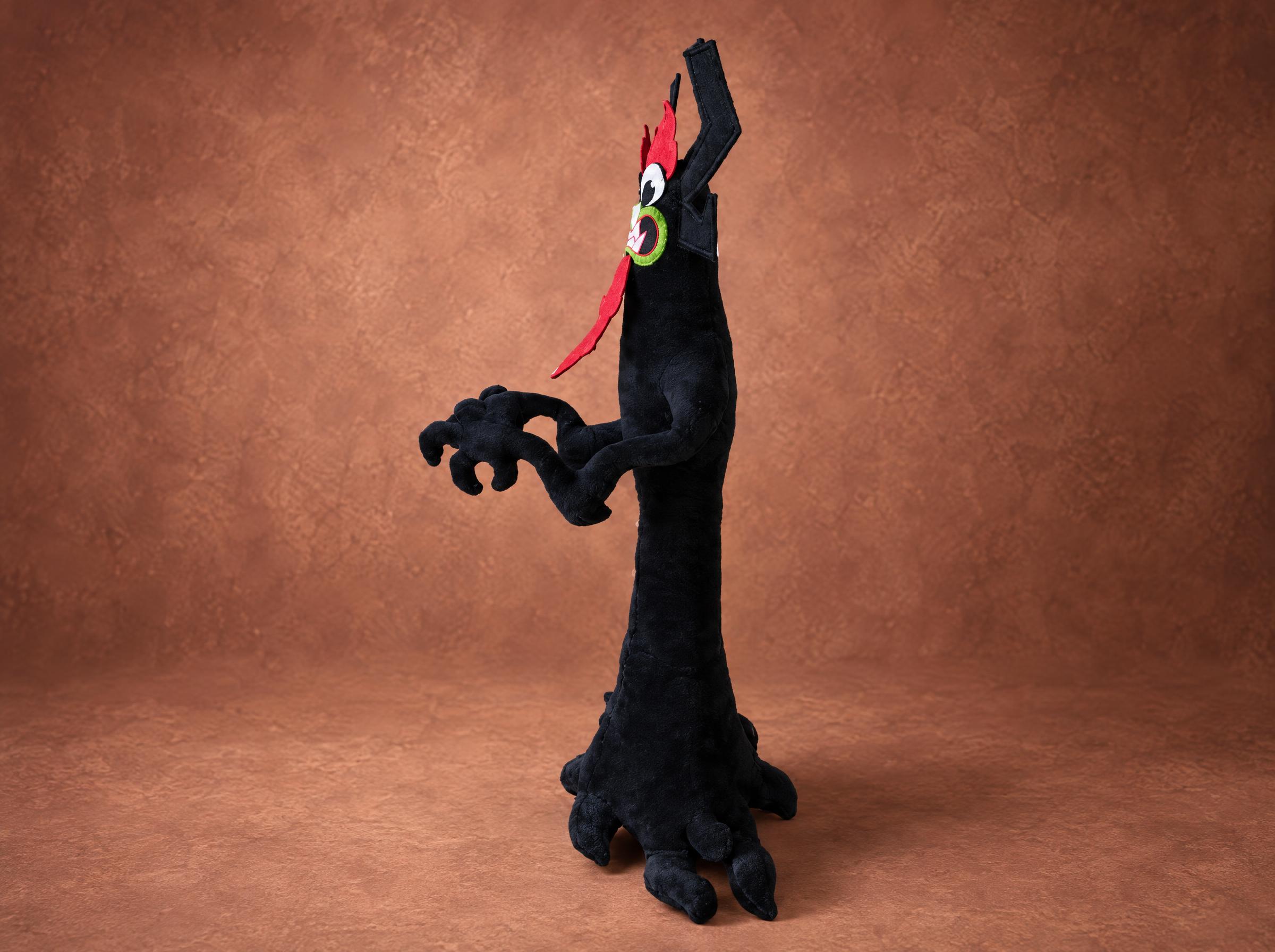 Aku plush in profile, red flame beard Aku plush in profile with his long red flame beard and curled claws, a Samurai Jack villain made to order