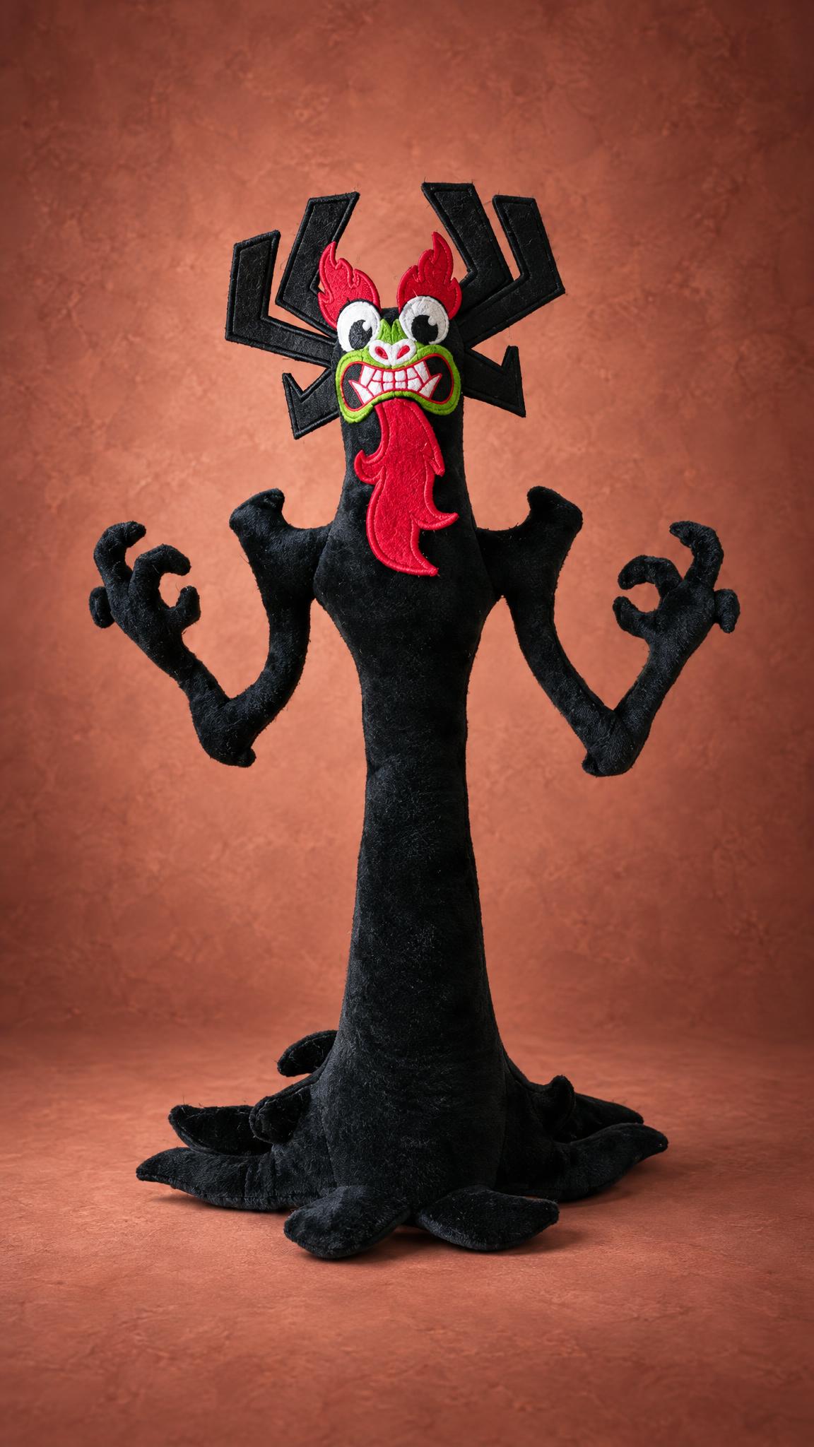 Custom Aku plush from Samurai Jack, black body with a red flame beard, handmade to order