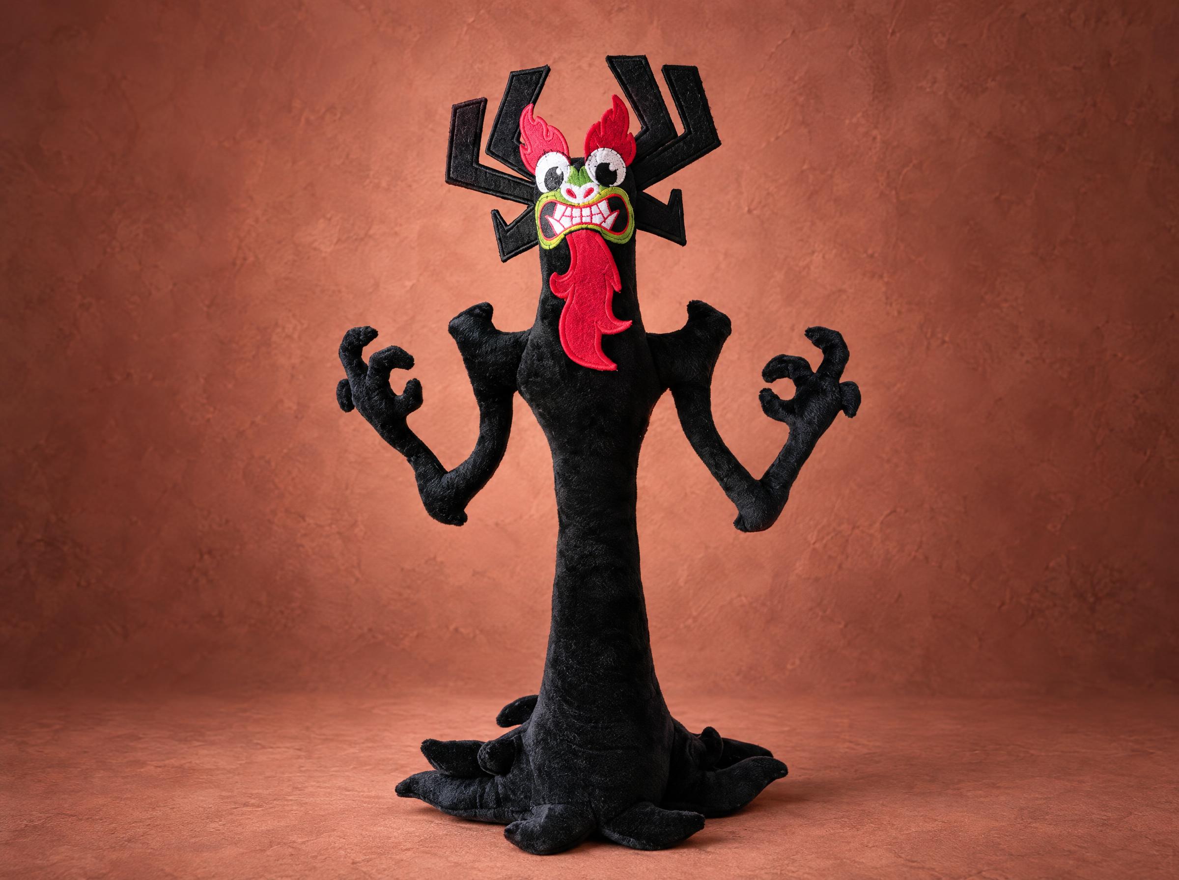 Aku plush from Samurai Jack, tall black body with red flame beard, branching horns and green eyes, sewn to order