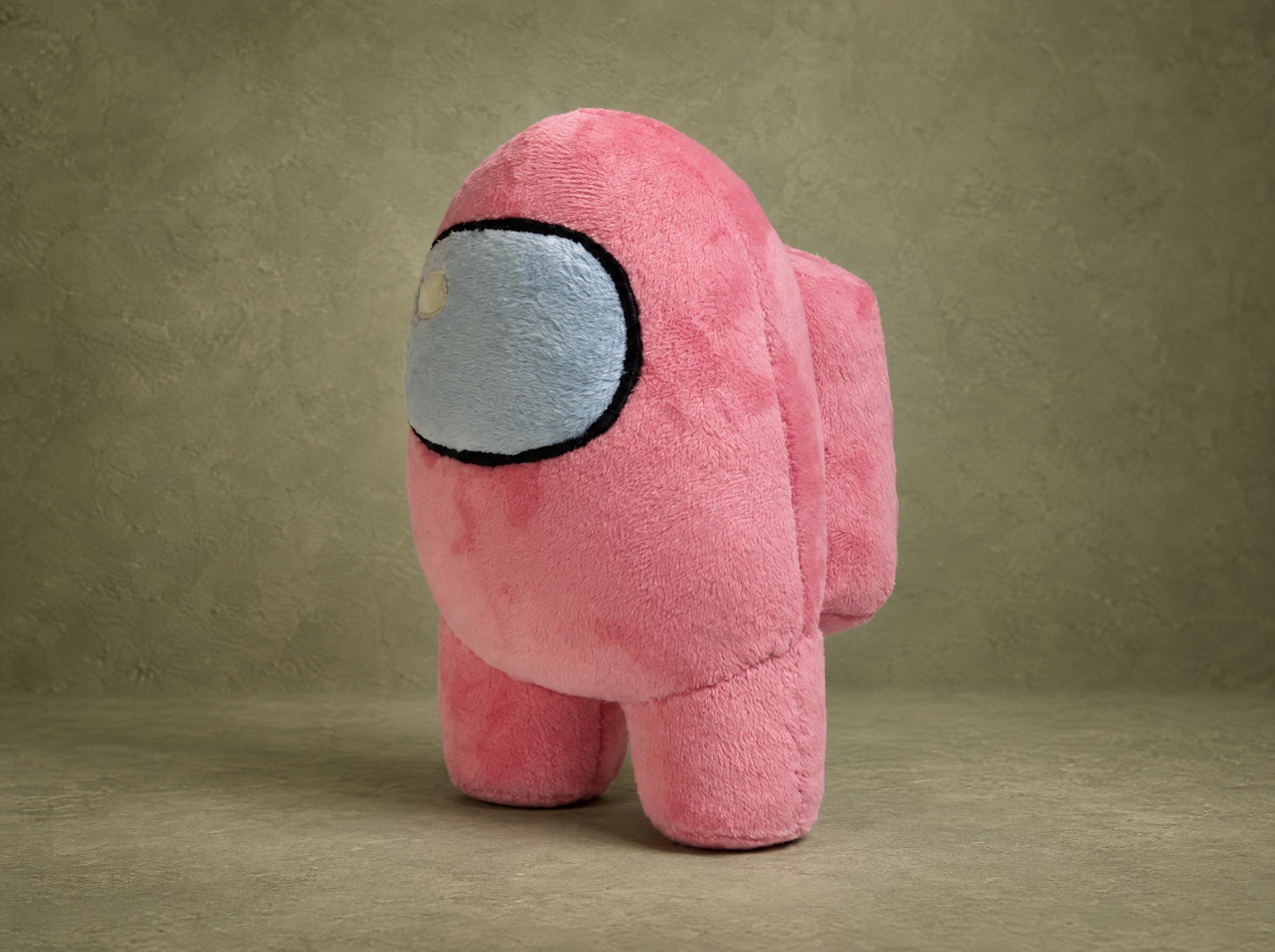 Among Us Crewmate Plush, Handmade Handmade pink Among Us plush turned to the side, with a black-outlined blue visor and a backpack