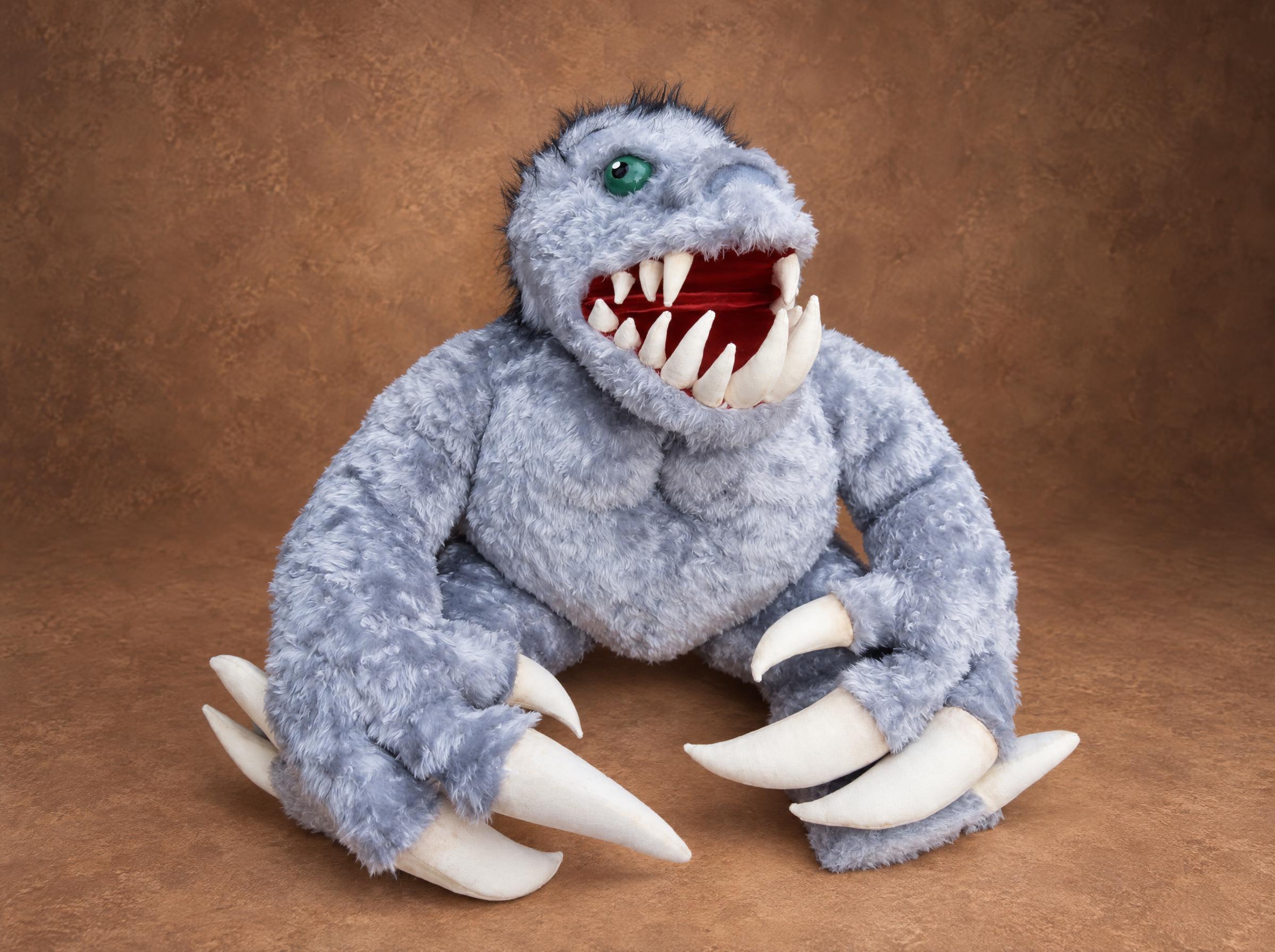 Ancient Behemoth plush from Heroes of Might and Magic III, handmade to order: grey fur, green eyes, cream fangs