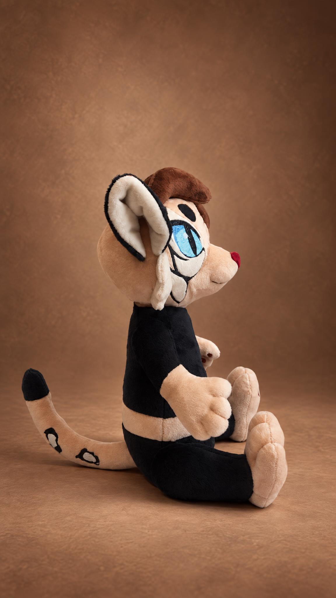 Custom anthro cat plush in profile with embroidered blue eyes and a spotted tail, a handmade fursona plush