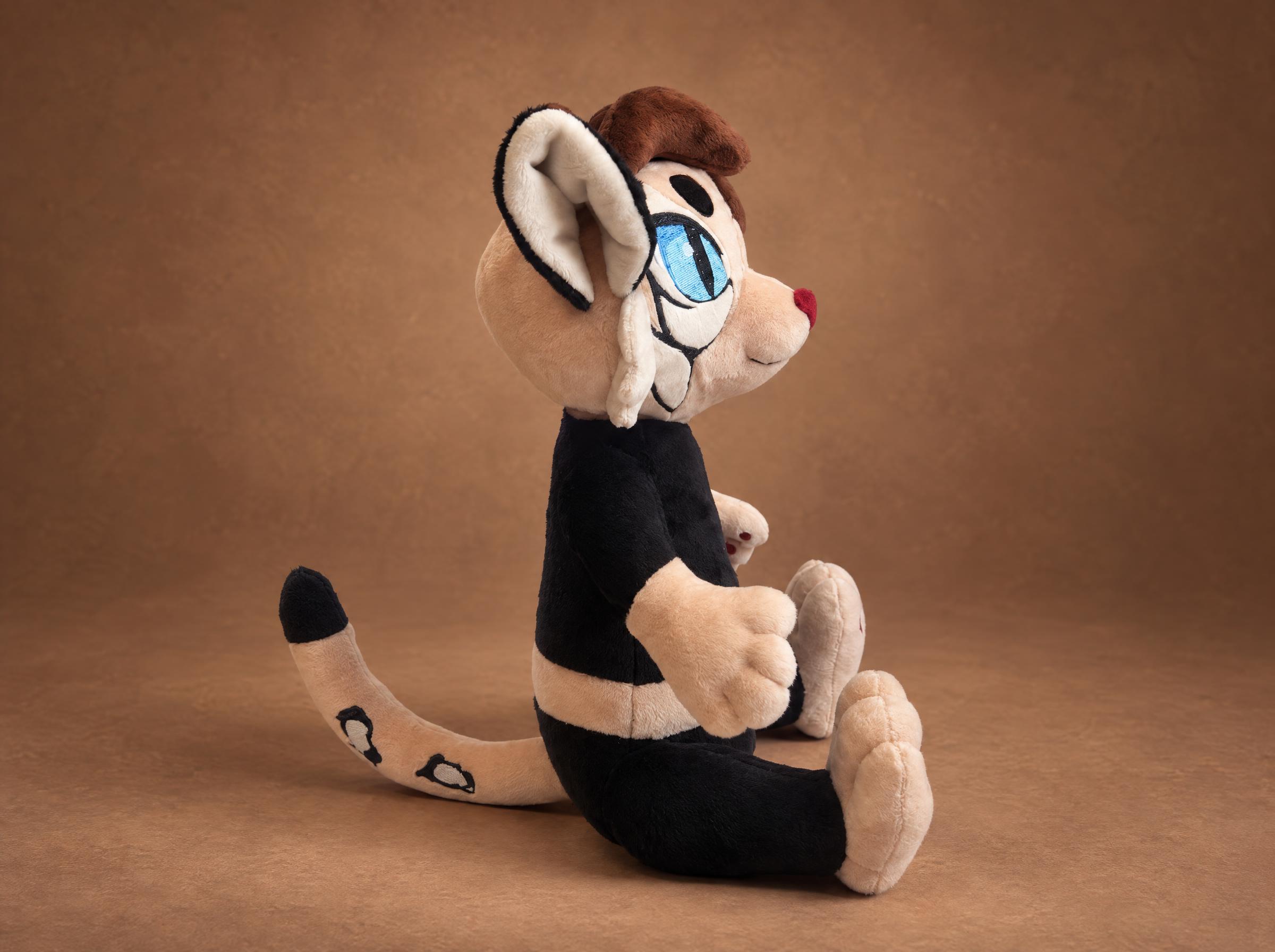 Anthro Cat Plush in Profile Custom anthro cat plush in profile with embroidered blue eyes and a spotted tail, a handmade fursona plush