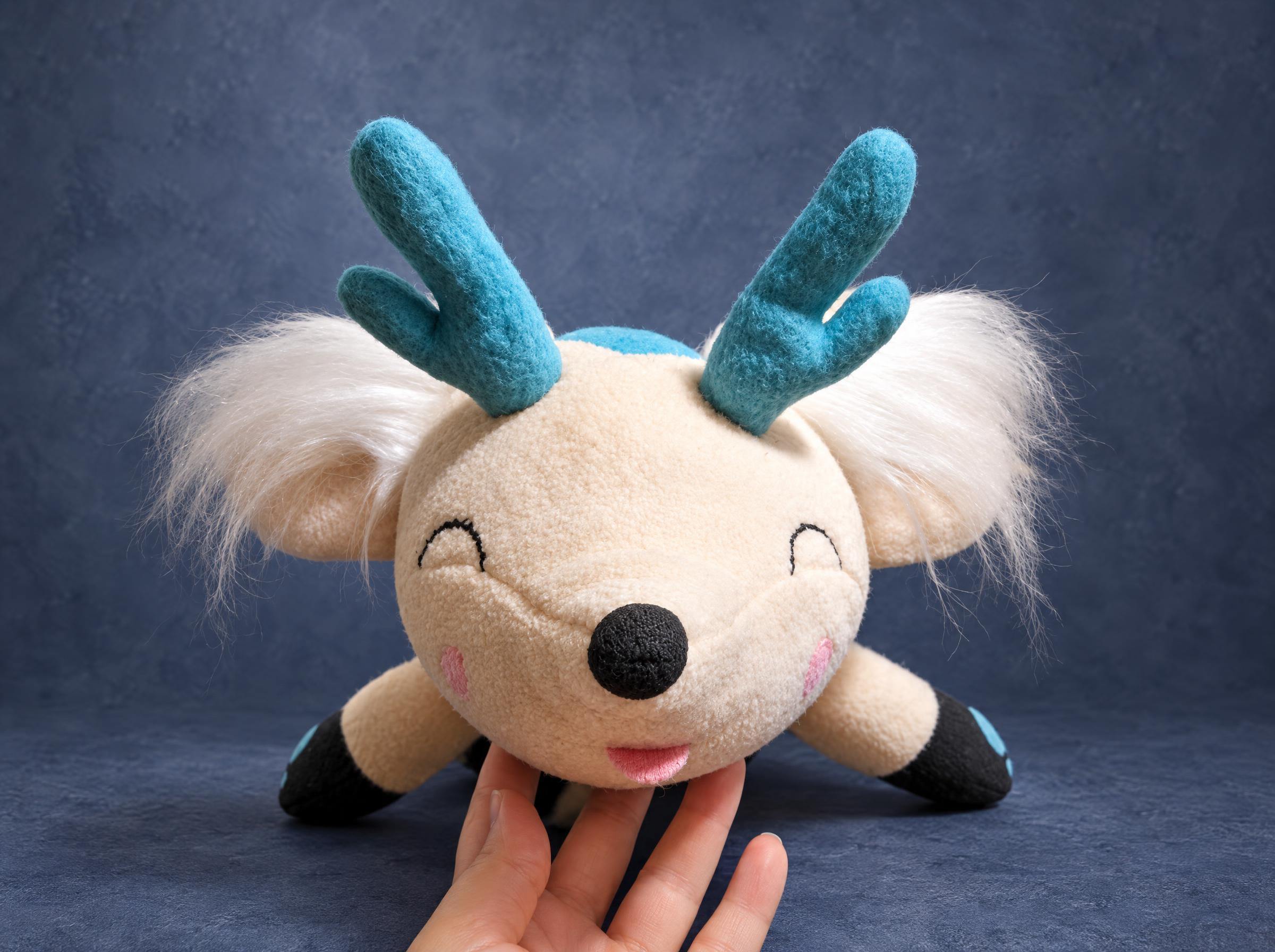 Antlered Fox Plushie, a Custom Love Gift Cream fox plushie with turquoise antlers and fluffy white ears, a custom love gift plush made to order
