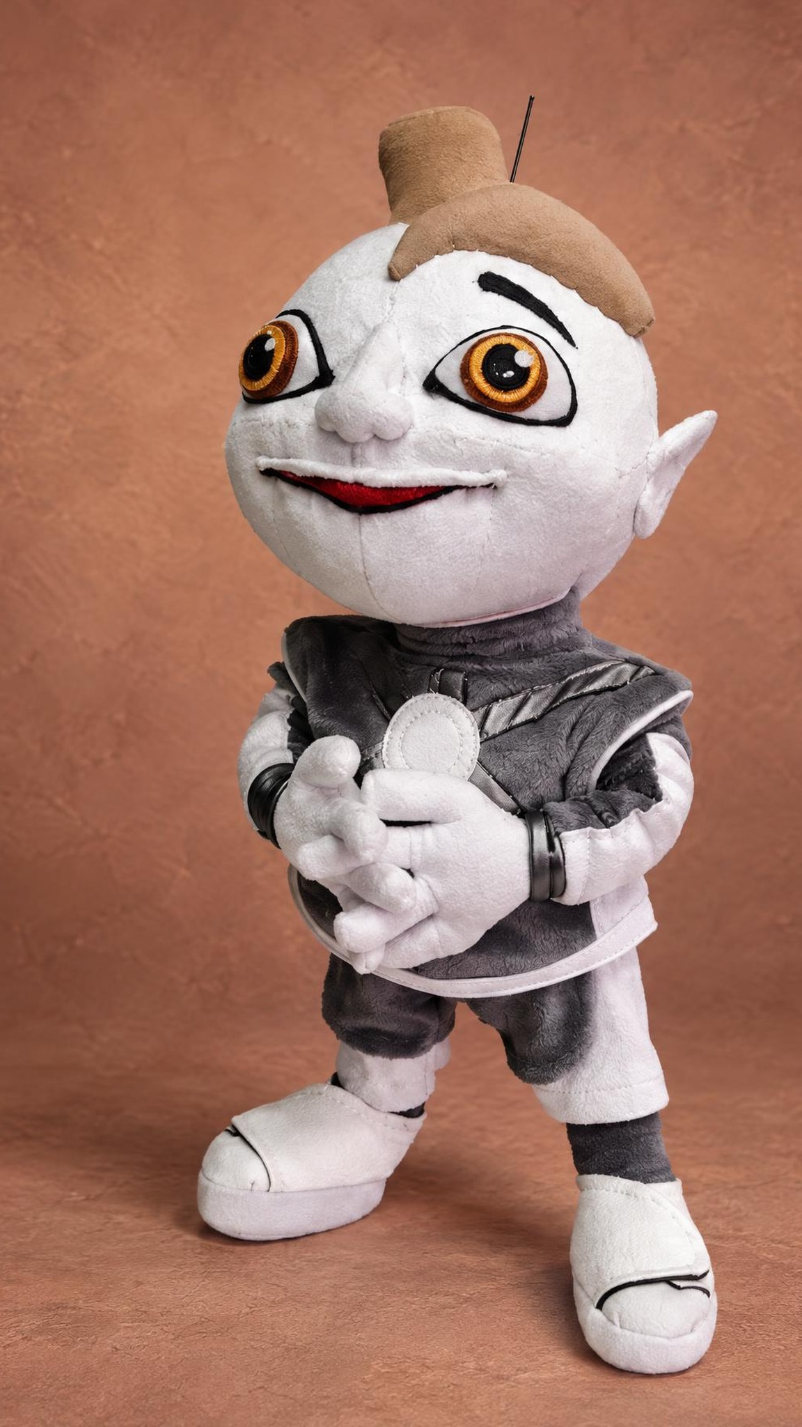 Arif 216 plush with his white hands together, the film robot in a grey suit, handmade to order