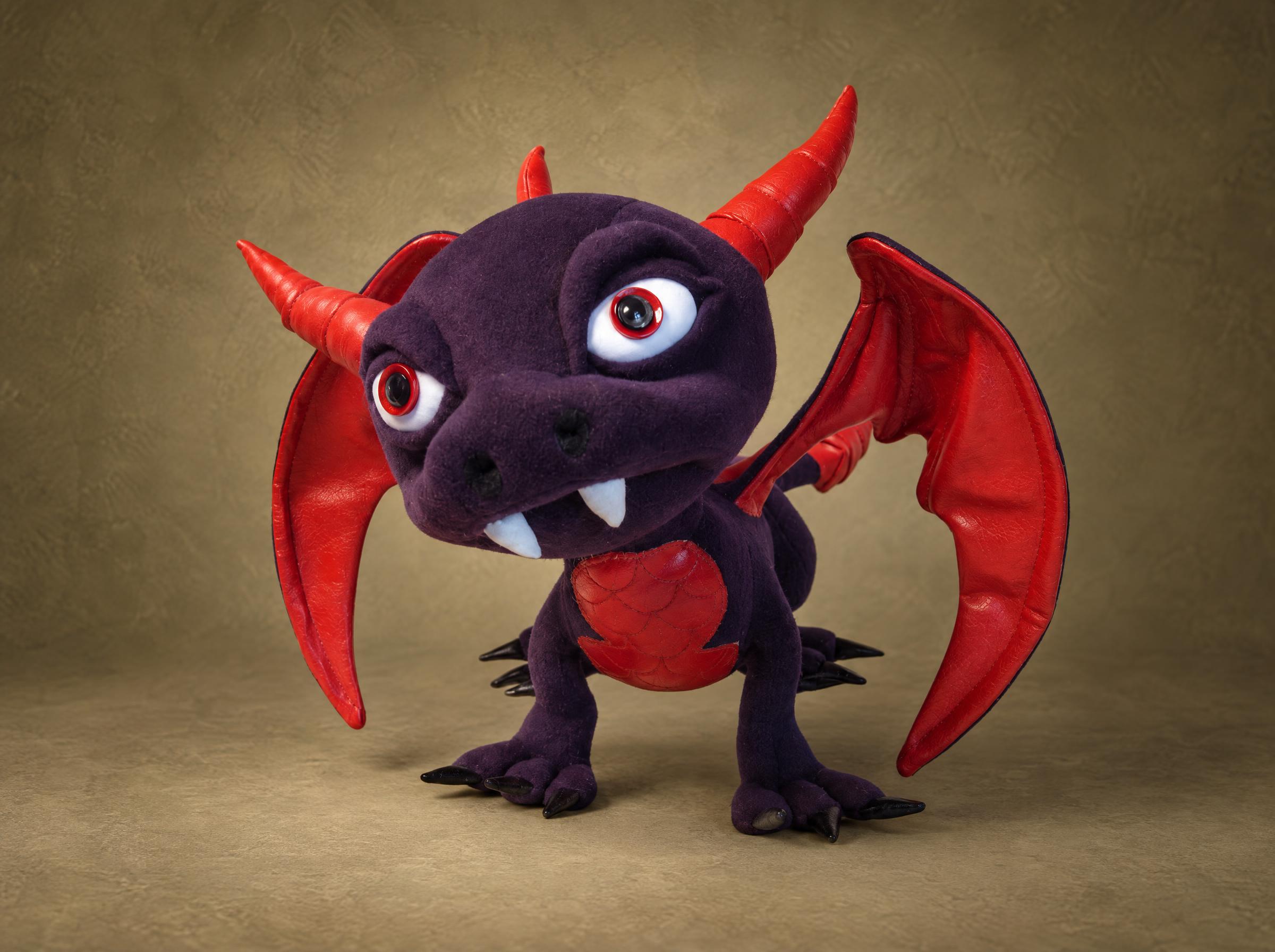 Custom baby Cynder dragon plush from Spyro, made to order in dark purple with red horns and spread wings