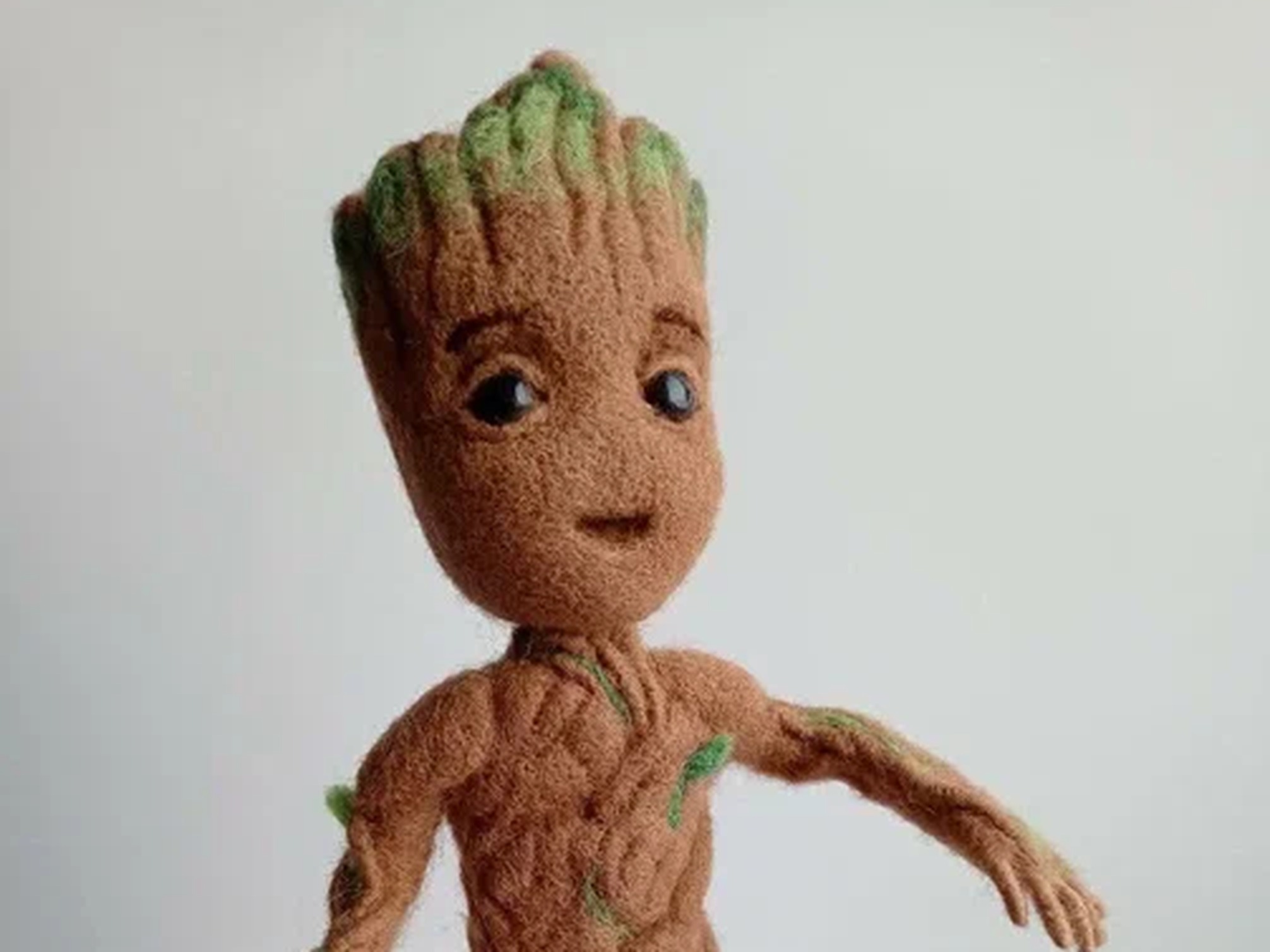 Baby Groot plush needle-felted from wool, 45 cm with moss-green tufts and bark grooves, made to order