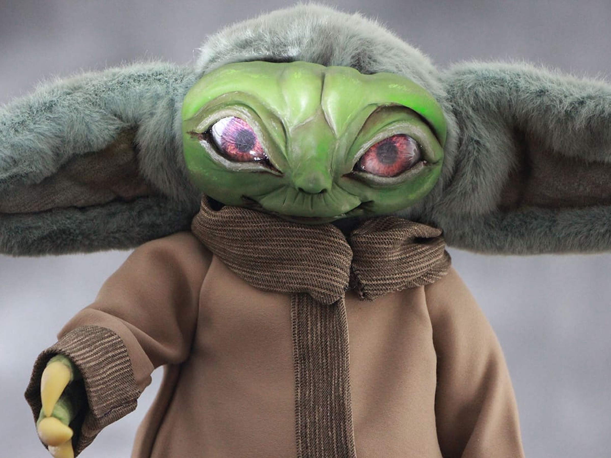 Baby Yoda Doll Face, Sculpted and Painted Baby Yoda doll face with big handmade eyes and a clay face painted green, a custom Grogu doll made to order