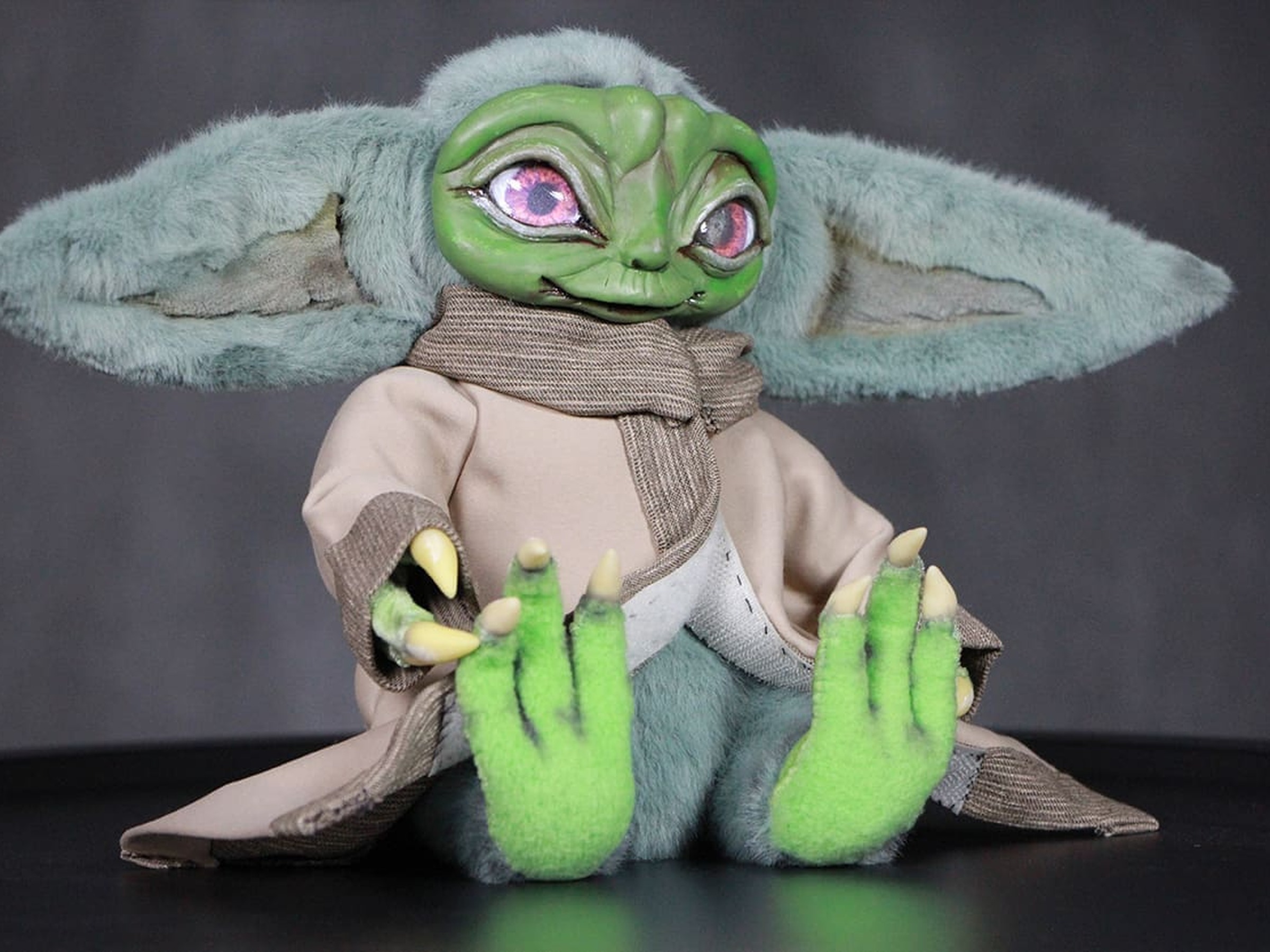 Baby Yoda Doll Sitting, Custom Grogu Doll Handmade Baby Yoda doll sitting with his green clawed hands up, a custom Grogu doll with a frame inside