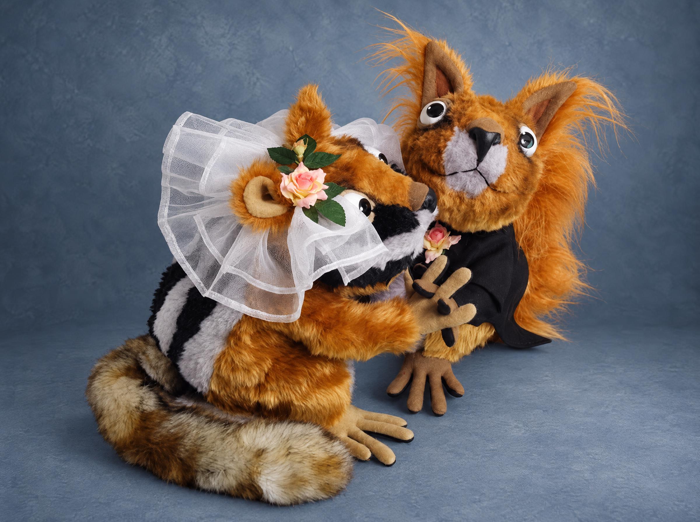 Badger Bride Hugging Her Squirrel Groom, Custom Wedding Plush Badger bride plush hugging her squirrel groom, a custom wedding gift sewn to order with a veil and pink roses