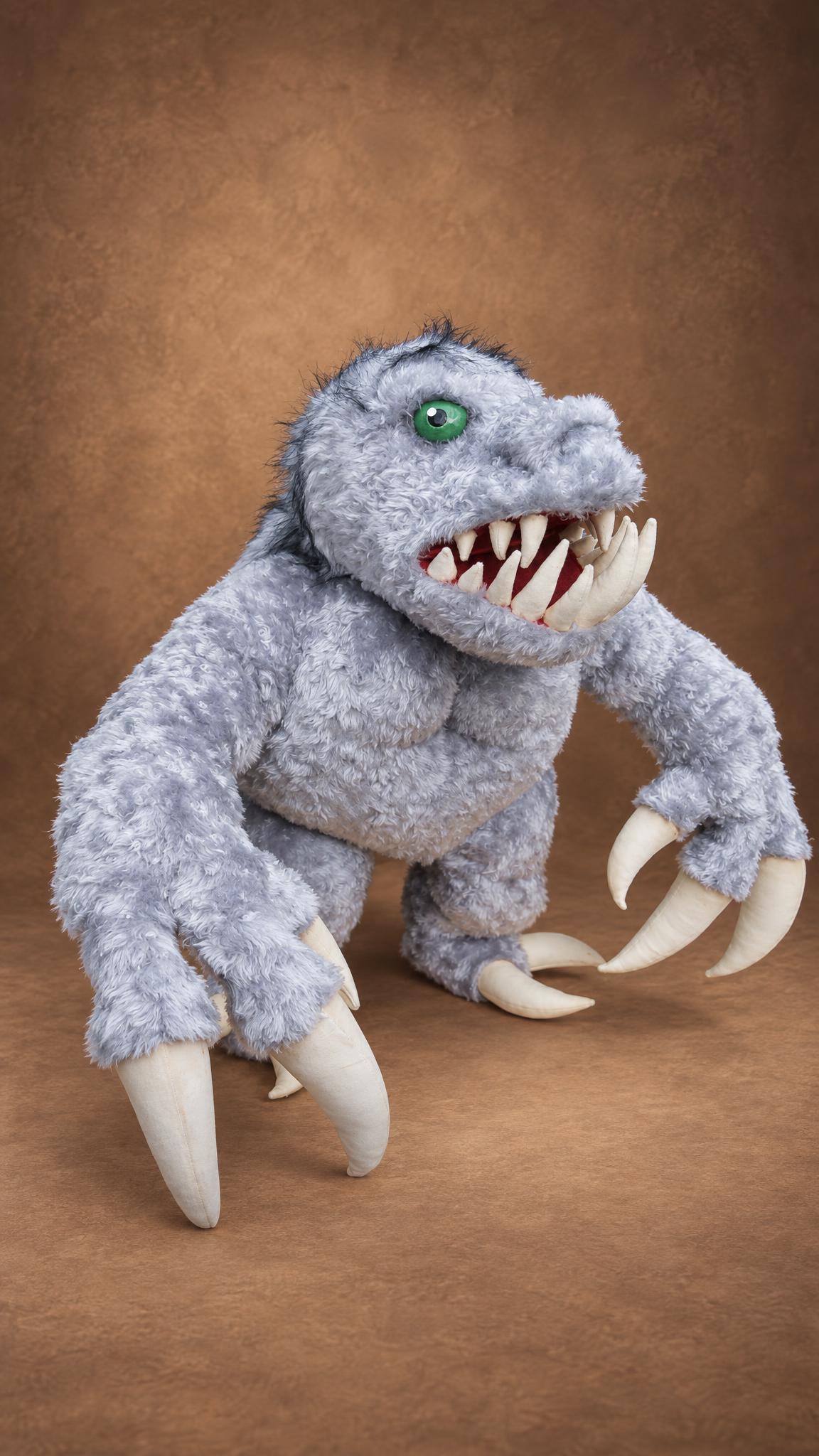 Custom Behemoth plush toy, made to order, crouching on huge curved cream claws with its fanged jaw wide open