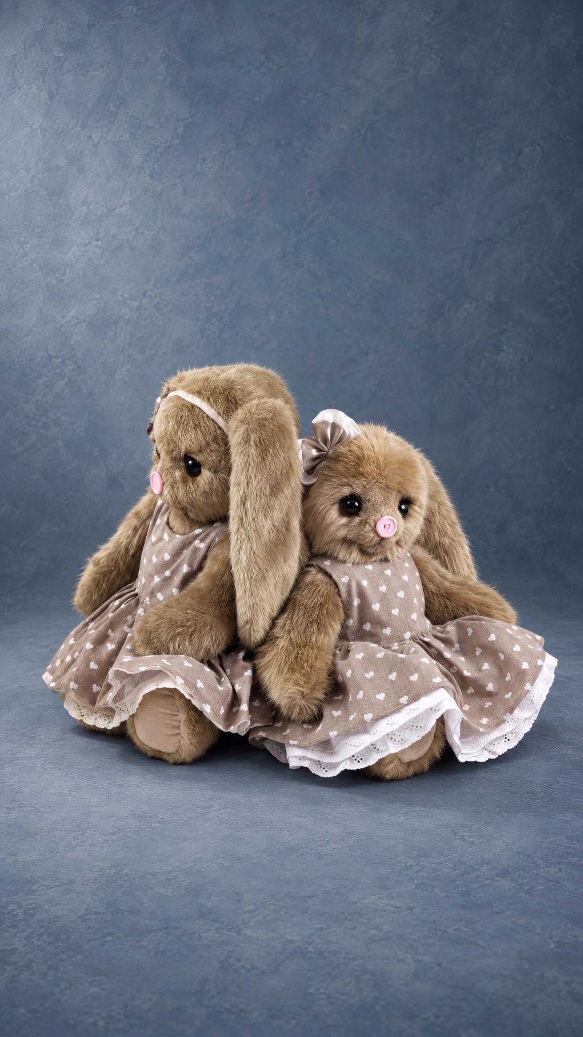Beige bunny plush samples in matching heart-print dresses with lace hems, custom prototypes for a toy brand