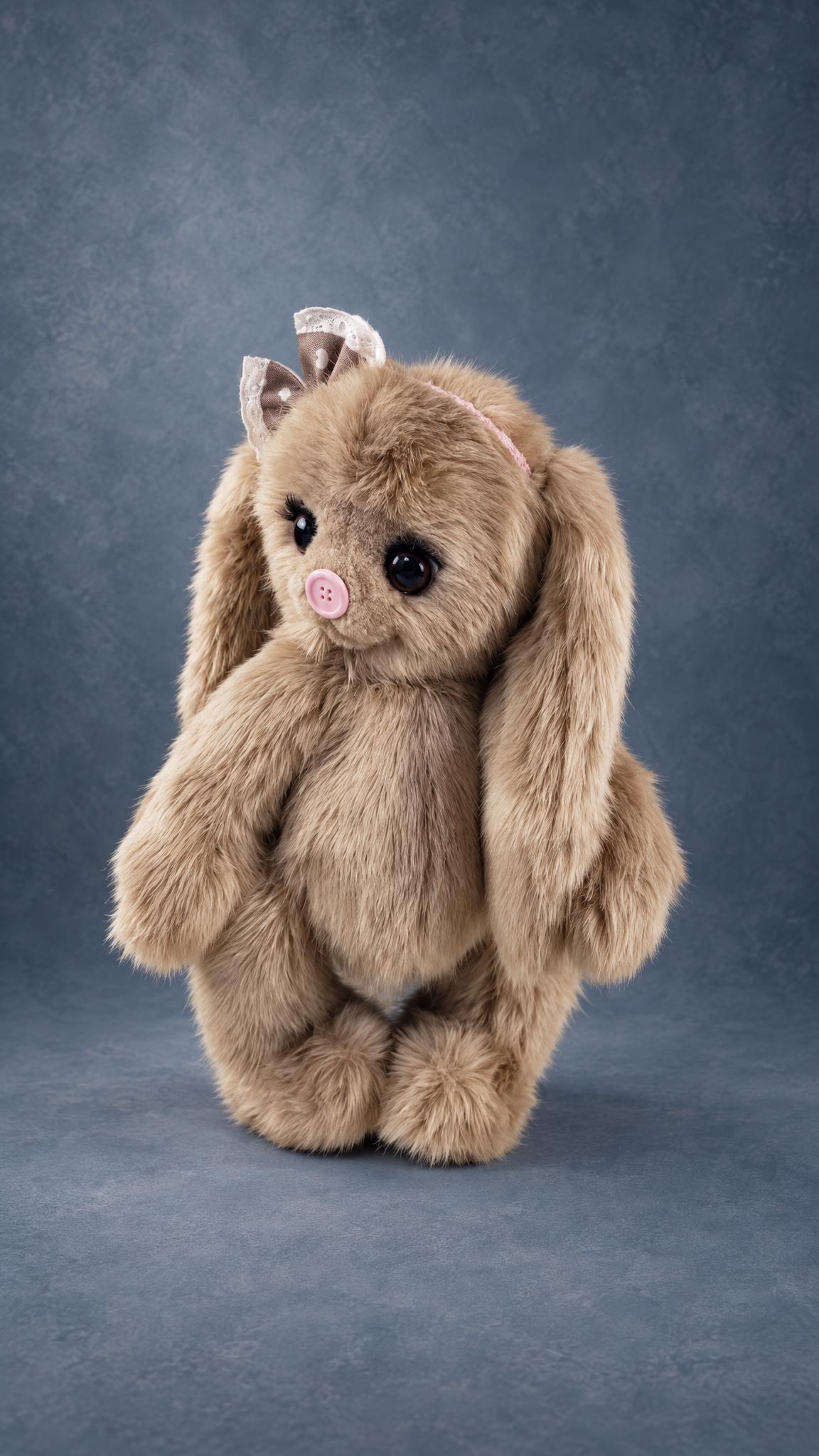 Beige teddy bunny plush prototype in fawn faux fur, pink button nose, glass eyes and a bow, sewn to order
