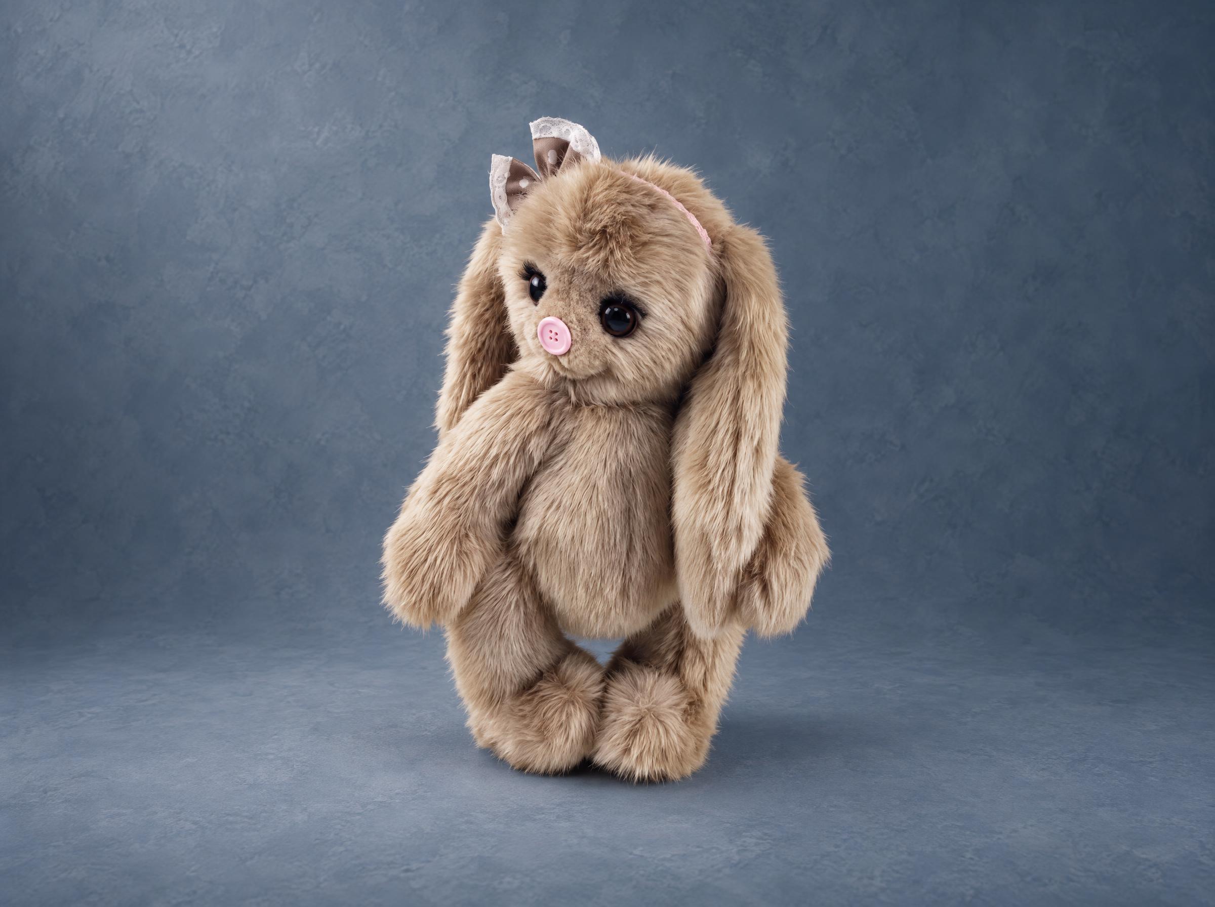 Beige teddy bunny plush prototype Beige teddy bunny plush prototype in fawn faux fur, pink button nose, glass eyes and a bow, sewn to order