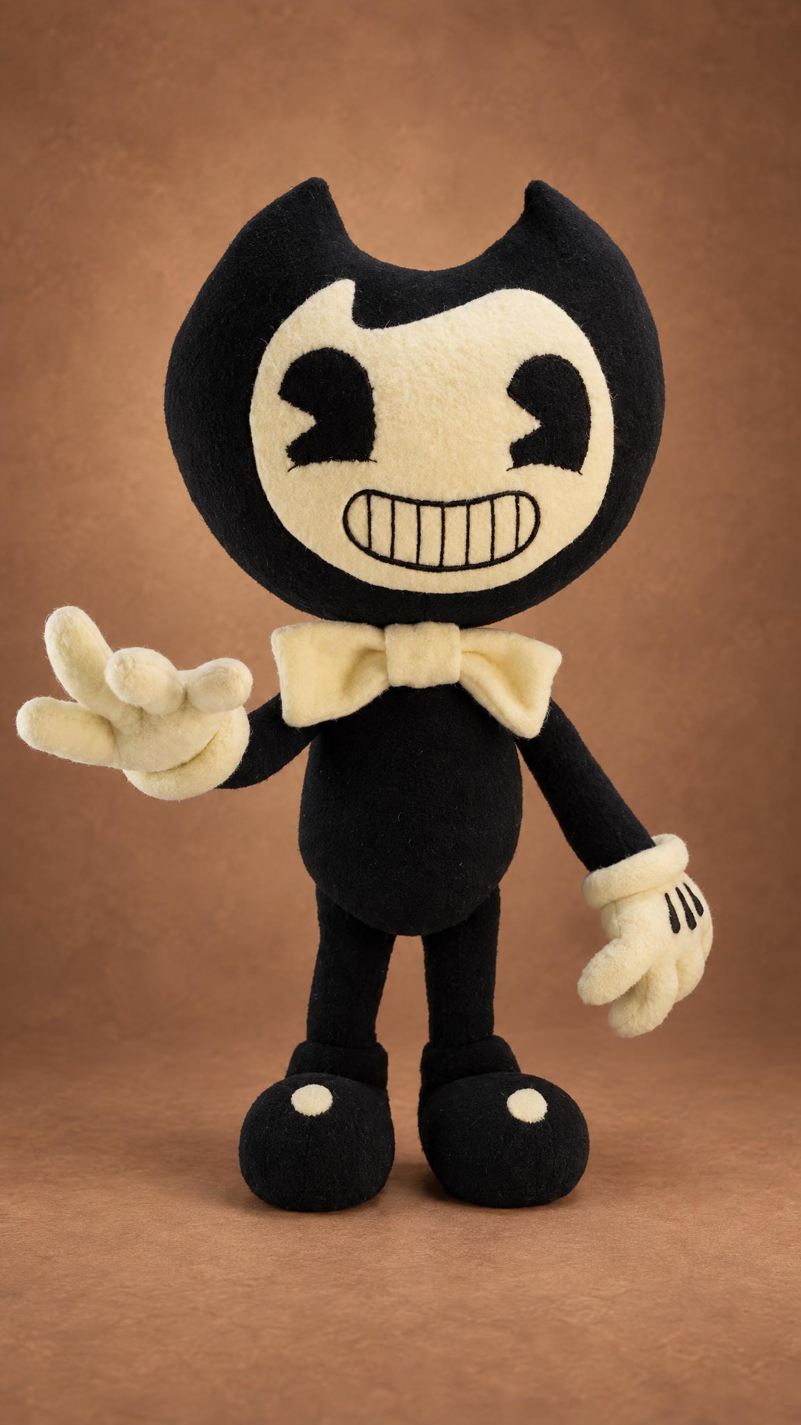 Custom Bendy plush from Bendy and the Ink Machine, handmade to order with a wide grin and cream bow tie