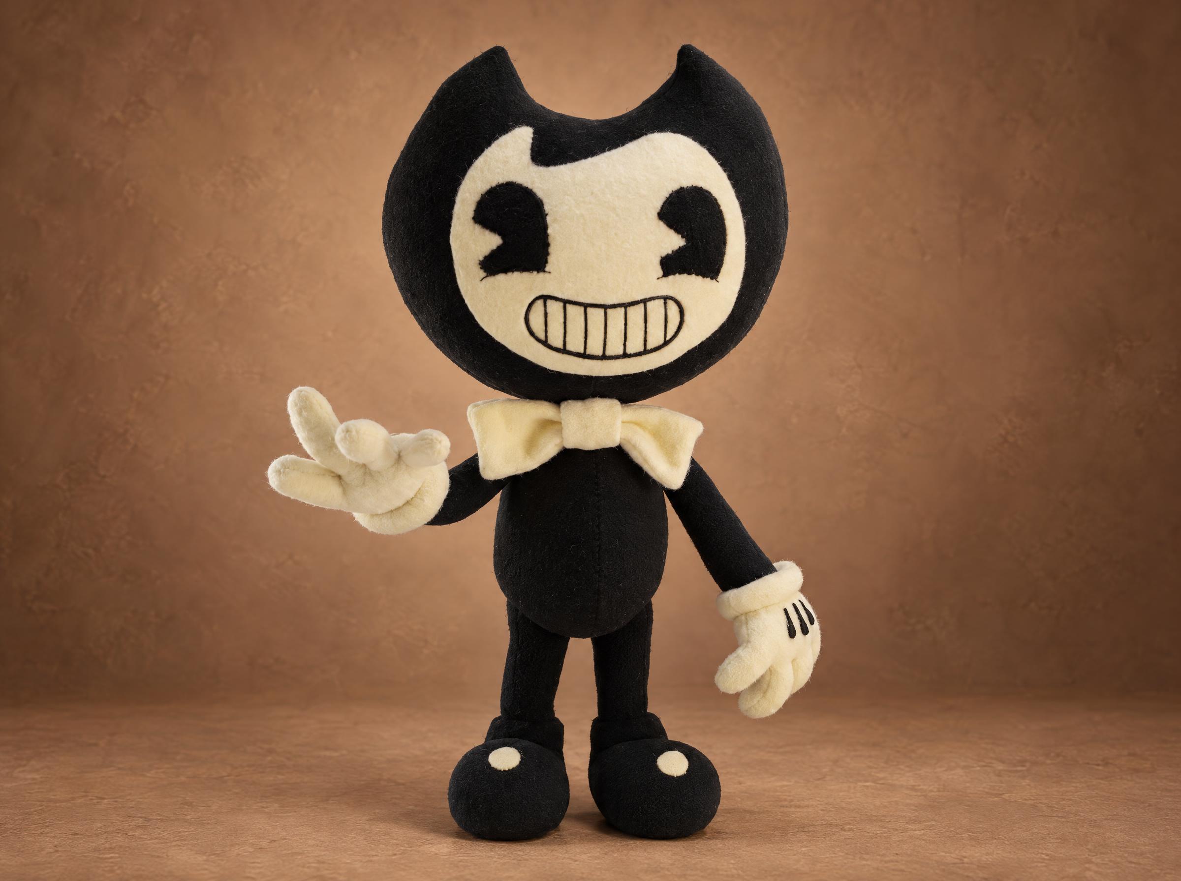 Custom Bendy plush from Bendy and the Ink Machine, handmade to order with a wide grin and cream bow tie
