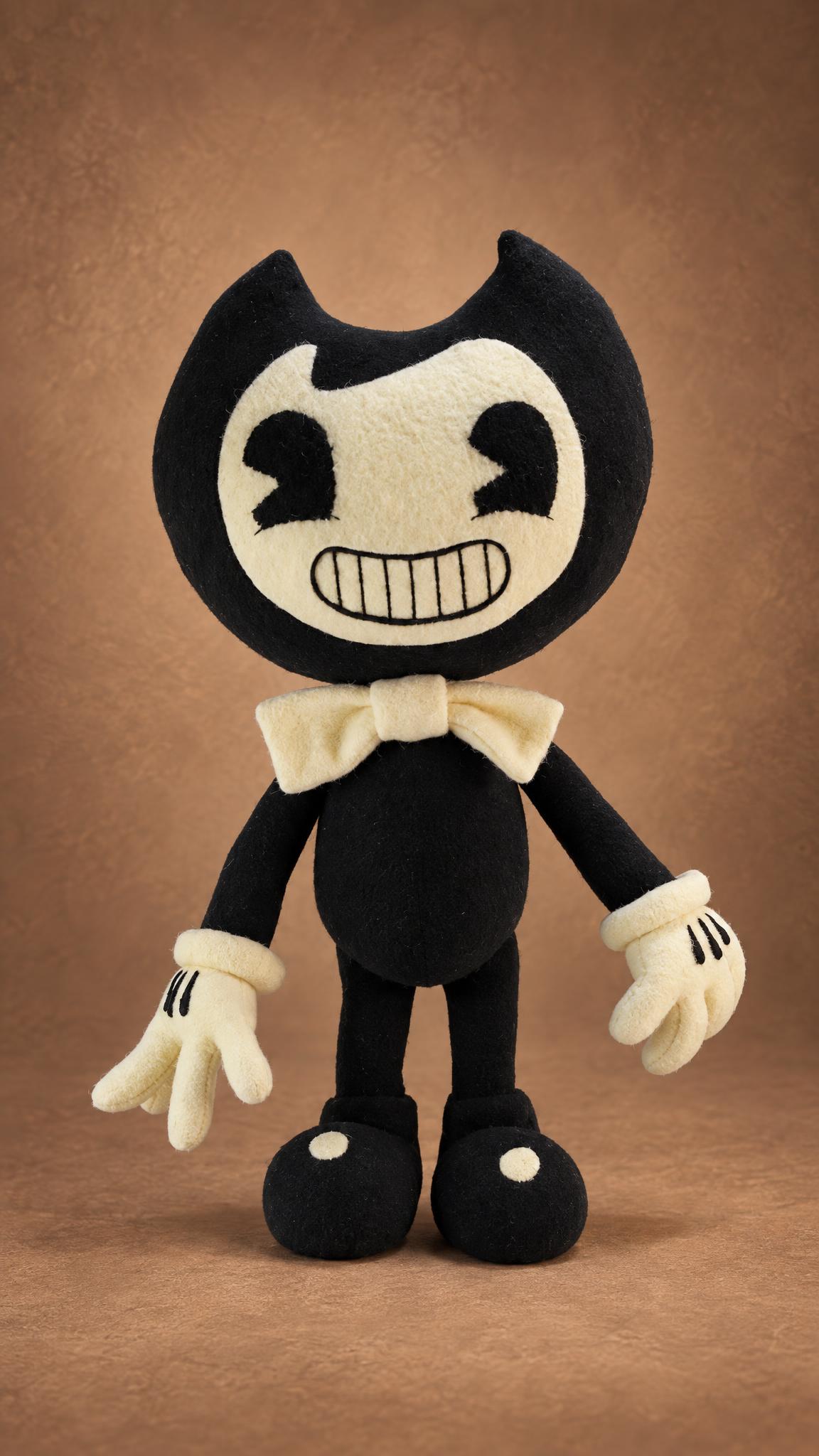 Handmade Bendy soft toy standing with cream cartoon gloves, a bow tie and a stitched grin, a custom Bendy plush