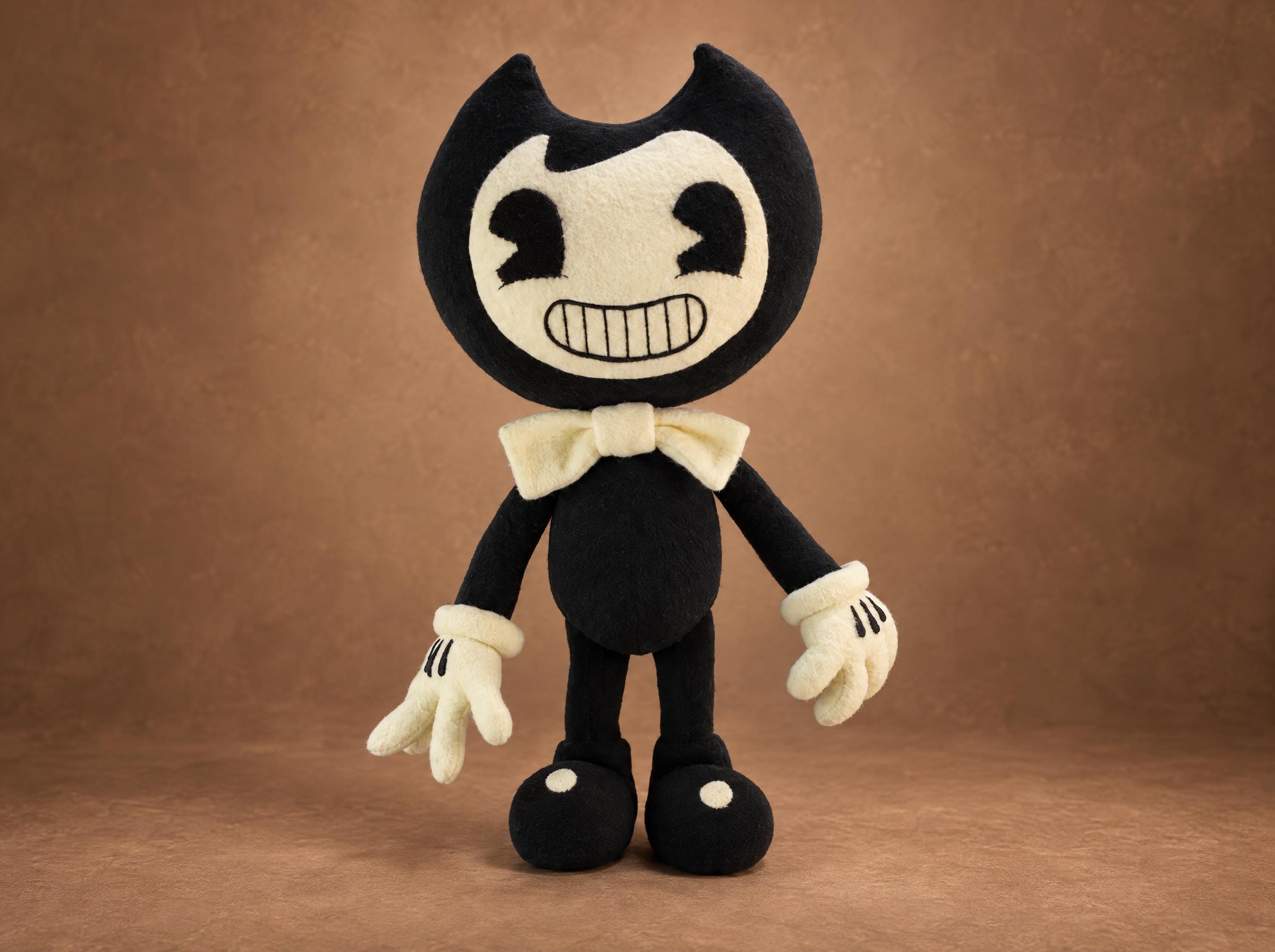Bendy Soft Toy, Custom Bendy Plush Handmade Bendy soft toy standing with cream cartoon gloves, a bow tie and a stitched grin, a custom Bendy plush