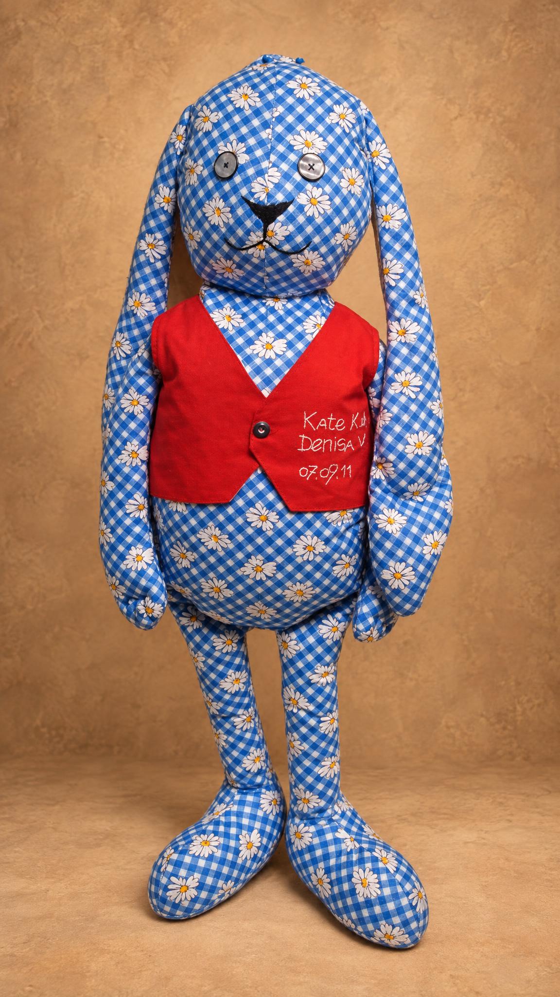 Four-foot bunny plush handmade to order in daisy gingham, floppy ears and a personalized red vest, a love gift