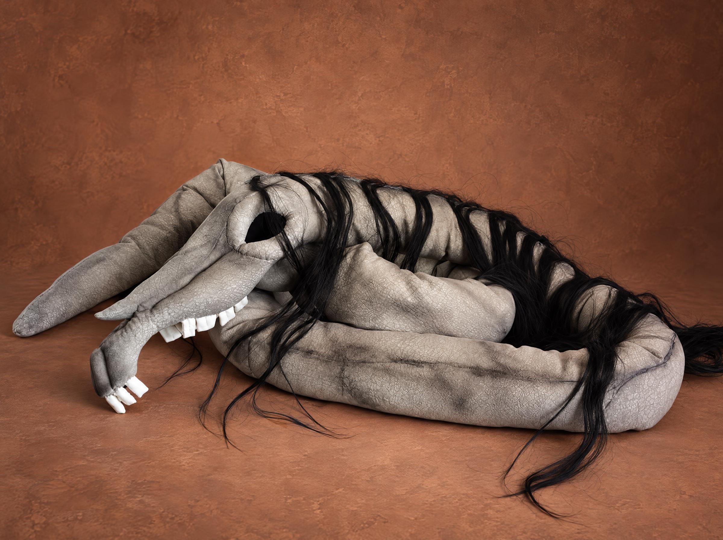 Big Long Horse Plush with Its Full-Length Neck Big custom Long Horse plush: the long grey neck stretched out behind the skull, black hair along its length