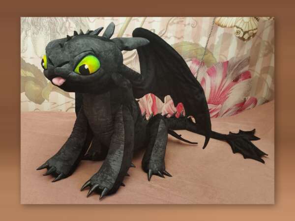 Big Toothless plush sitting with his tail and fins stretched out, handmade Night Fury toy made to order