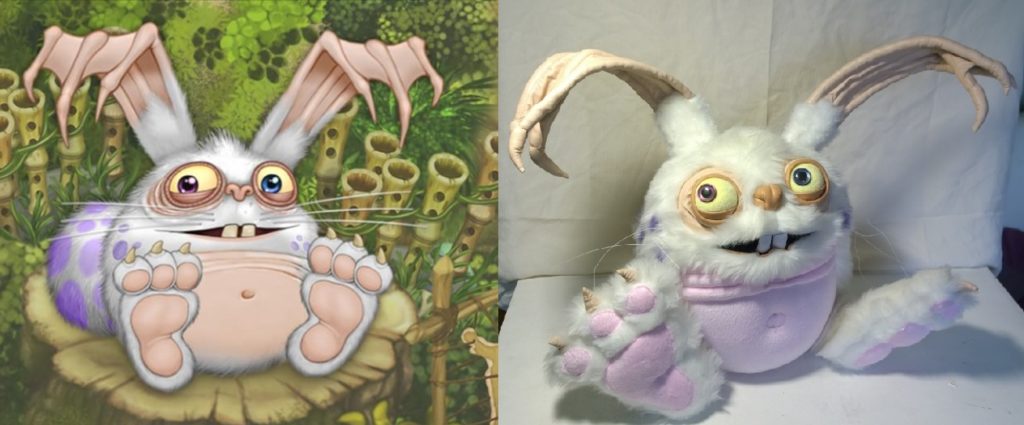 Blabbit from My Singing Monsters: official game art next to our handmade Blabbit plush from 2016, made to order
