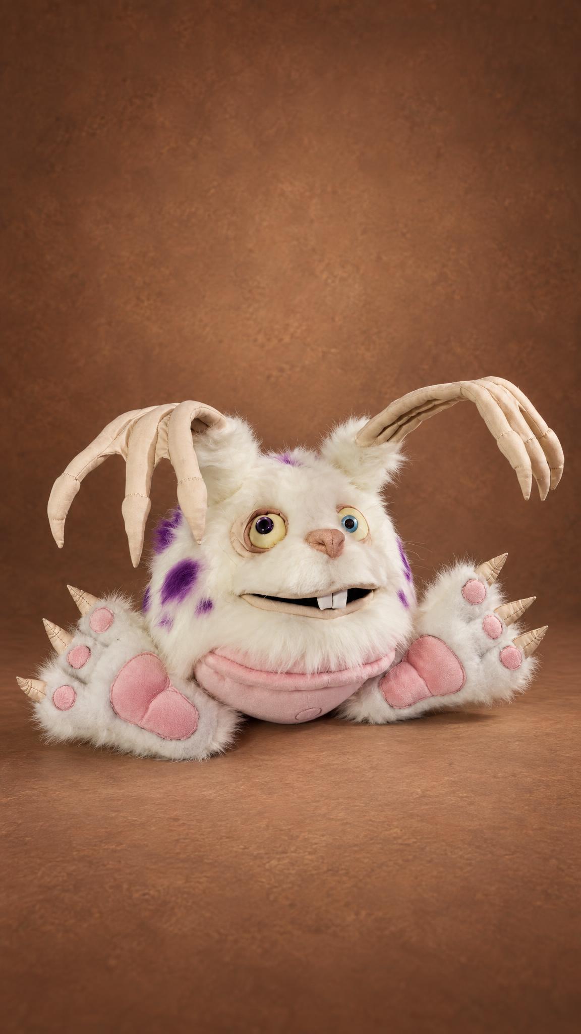 Blabbit plush from My Singing Monsters, purple-spotted white faux fur and hand-shaped ears, handmade to order