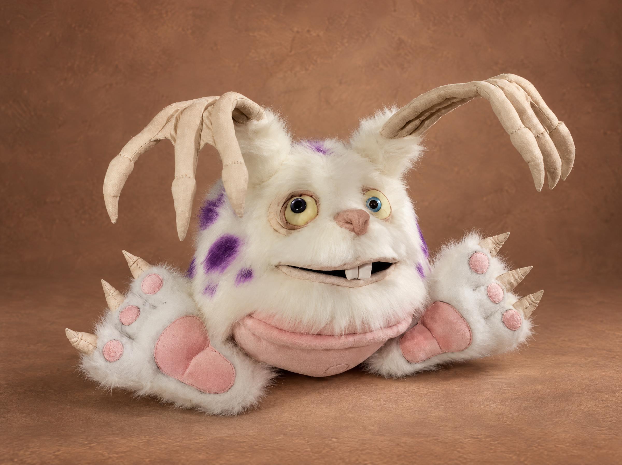 Custom Blabbit plush from My Singing Monsters, handmade to order with purple-spotted faux fur and hand-shaped ears